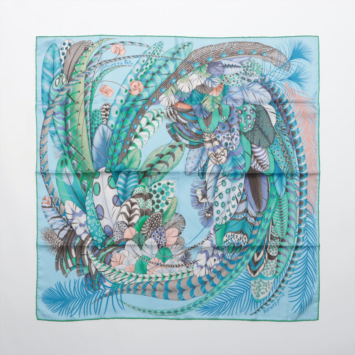 Hermès Carré 90 "PLUMES EN FETE" 100% Silk Scarf in Blue