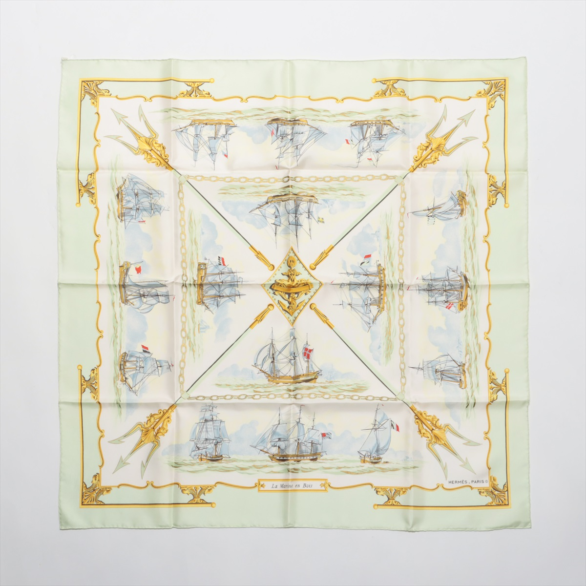 Hermès Carré 90 "La Marine en Bois" 100% Silk Scarf in Green