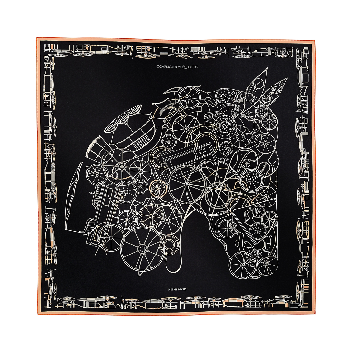 Hermès Carré 90 "COMPLICATION EQUESTRE" 100% Silk Scarf in Black