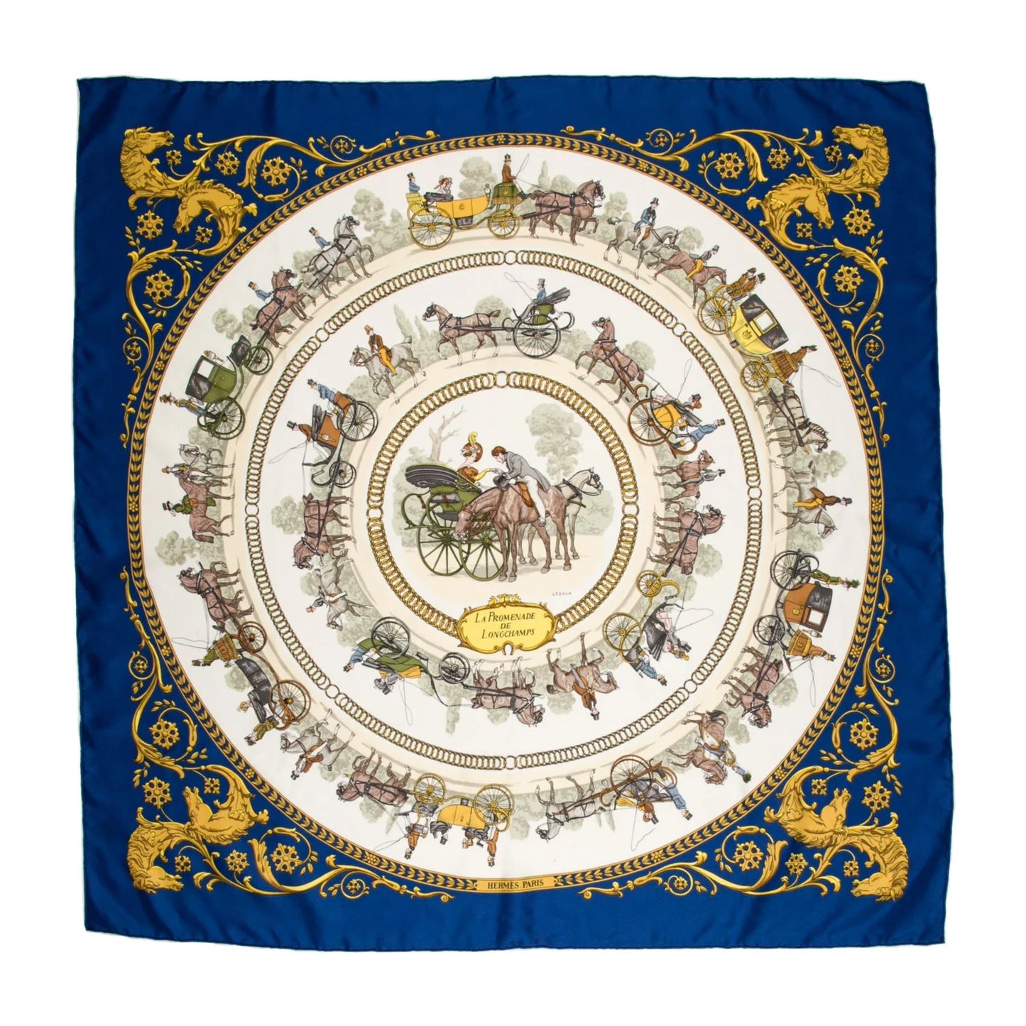 Hermès Carré 90 "LA PROMENADE DE LONGCHAMPS" 100% Silk Scarf in Navy Blue