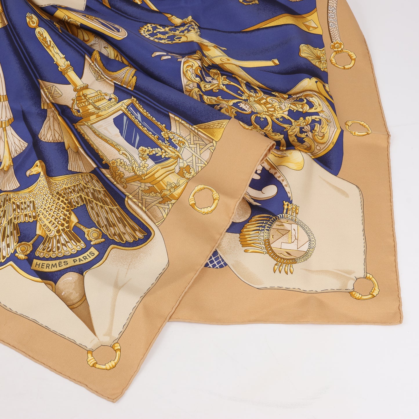 Hermes Carré 90 "soleil de soie" 100% Silk Scarf in Navy x Beige