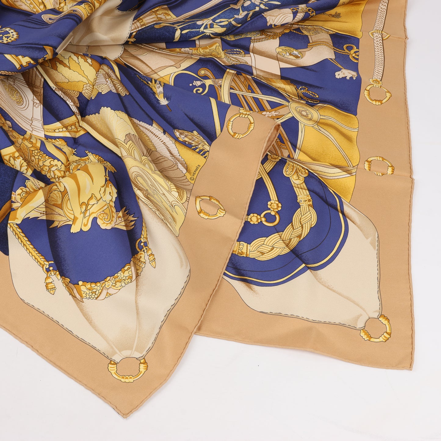 Hermes Carré 90 "soleil de soie" 100% Silk Scarf in Navy x Beige