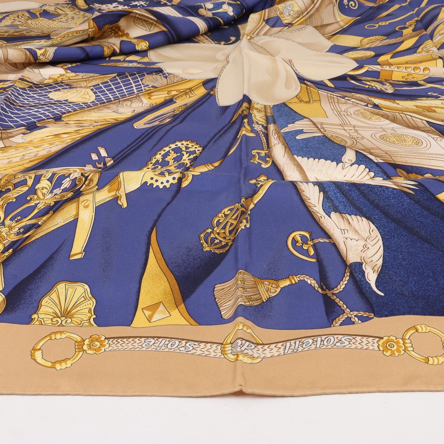 Hermes Carré 90 "soleil de soie" 100% Silk Scarf in Navy x Beige