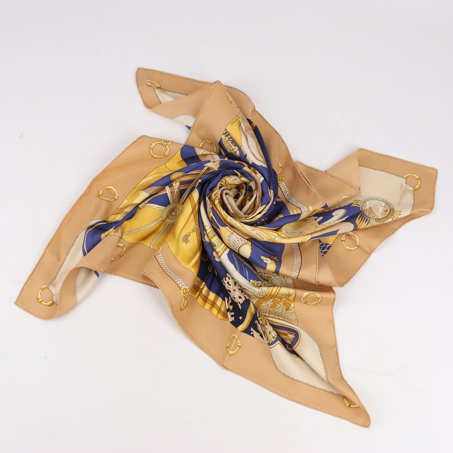 Hermes Carré 90 "soleil de soie" 100% Silk Scarf in Navy x Beige