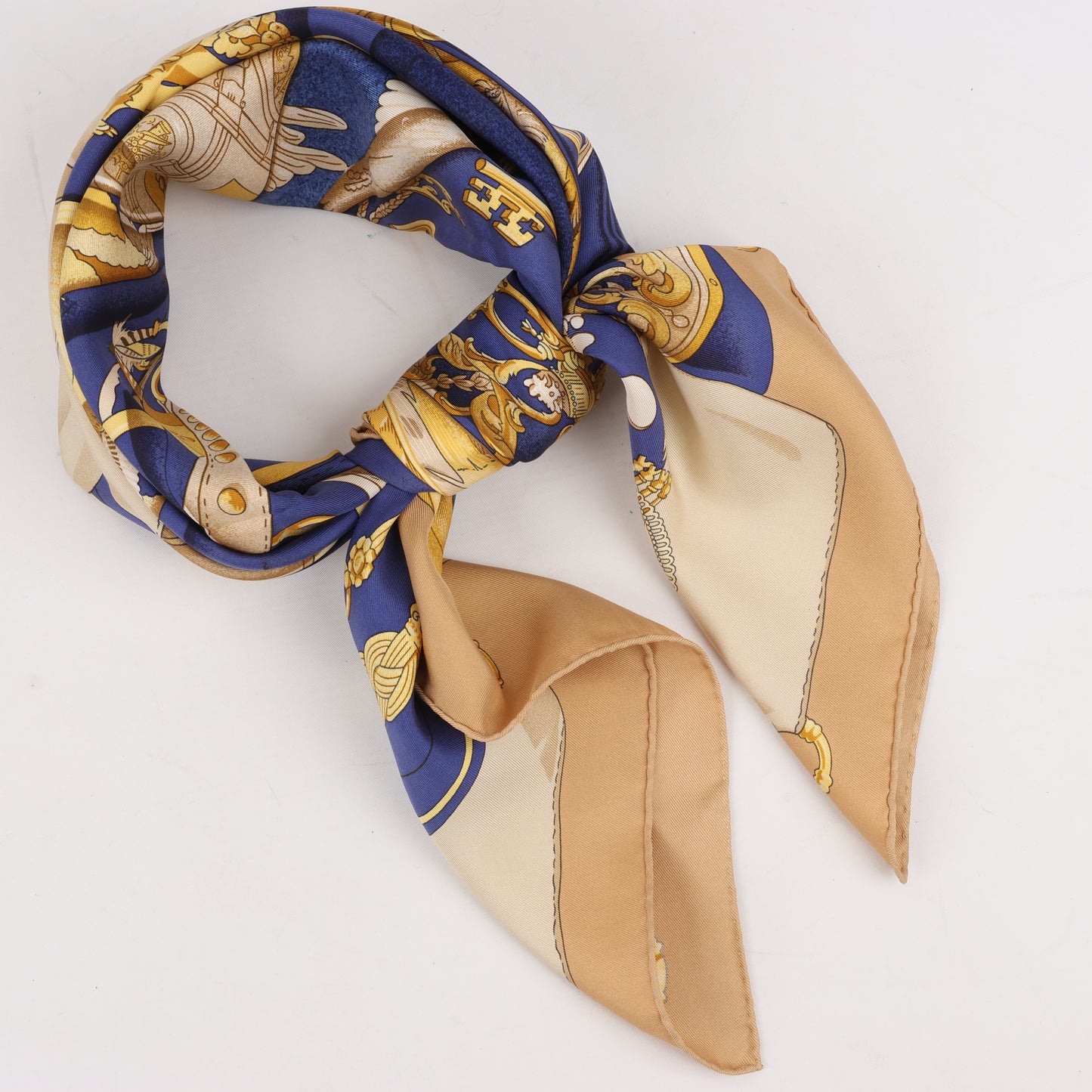 Hermes Carré 90 "soleil de soie" 100% Silk Scarf in Navy x Beige