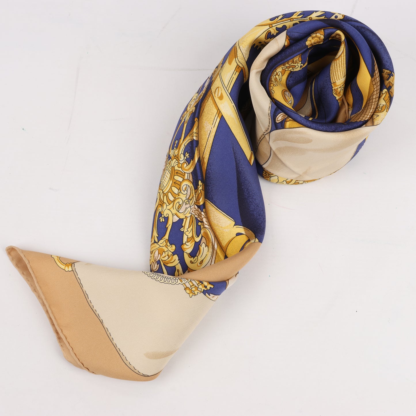 Hermes Carré 90 "soleil de soie" 100% Silk Scarf in Navy x Beige