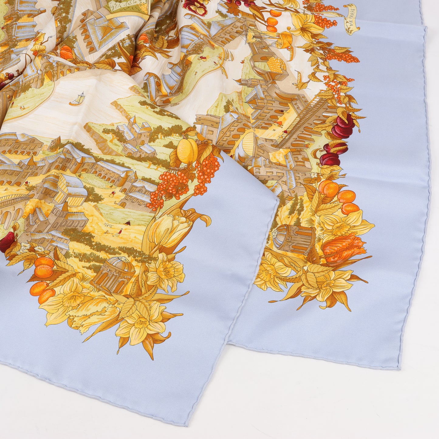Hermes Carré 90 "Au Pays de Cocagne" 100% Silk Scarf in Blue