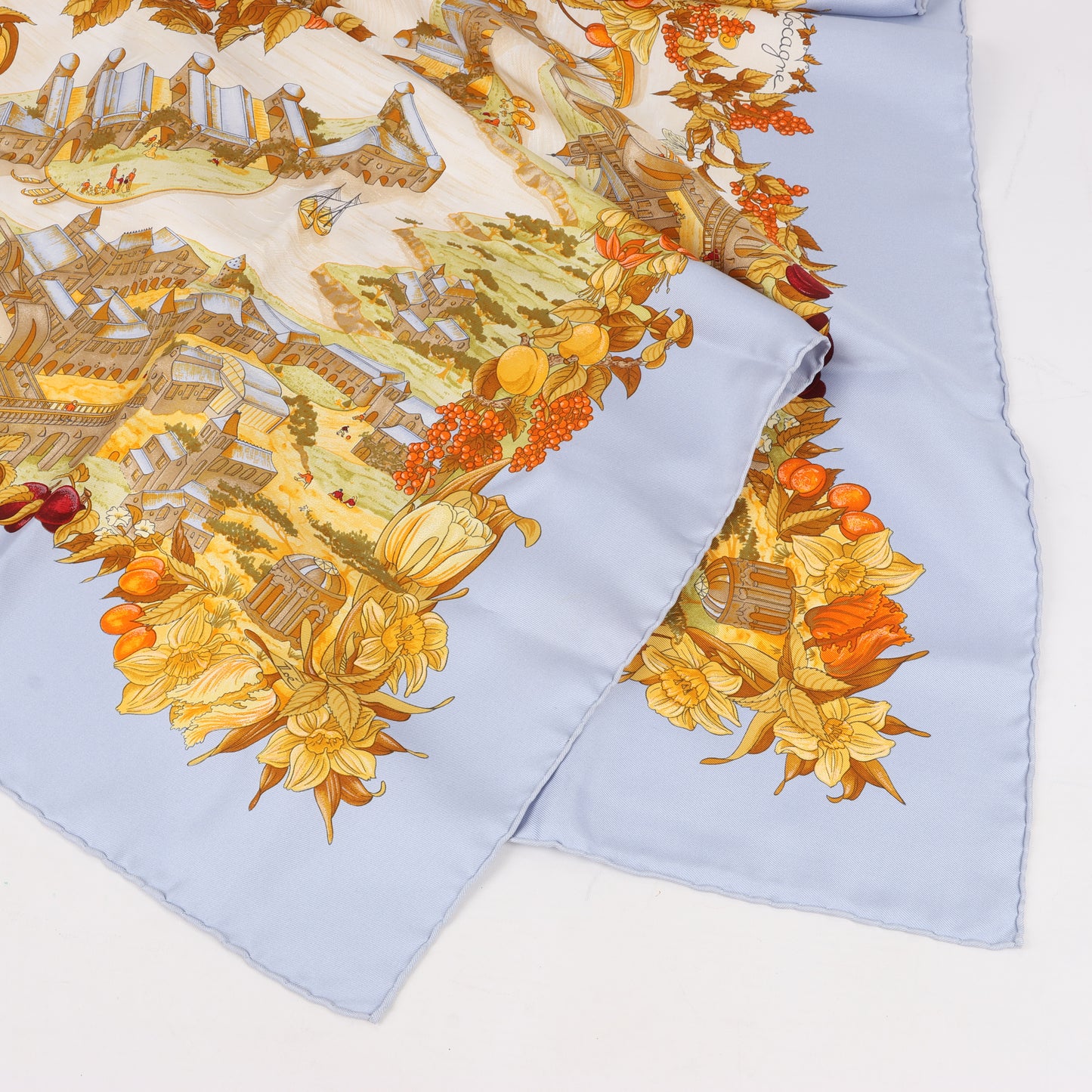 Hermes Carré 90 "Au Pays de Cocagne" 100% Silk Scarf in Blue