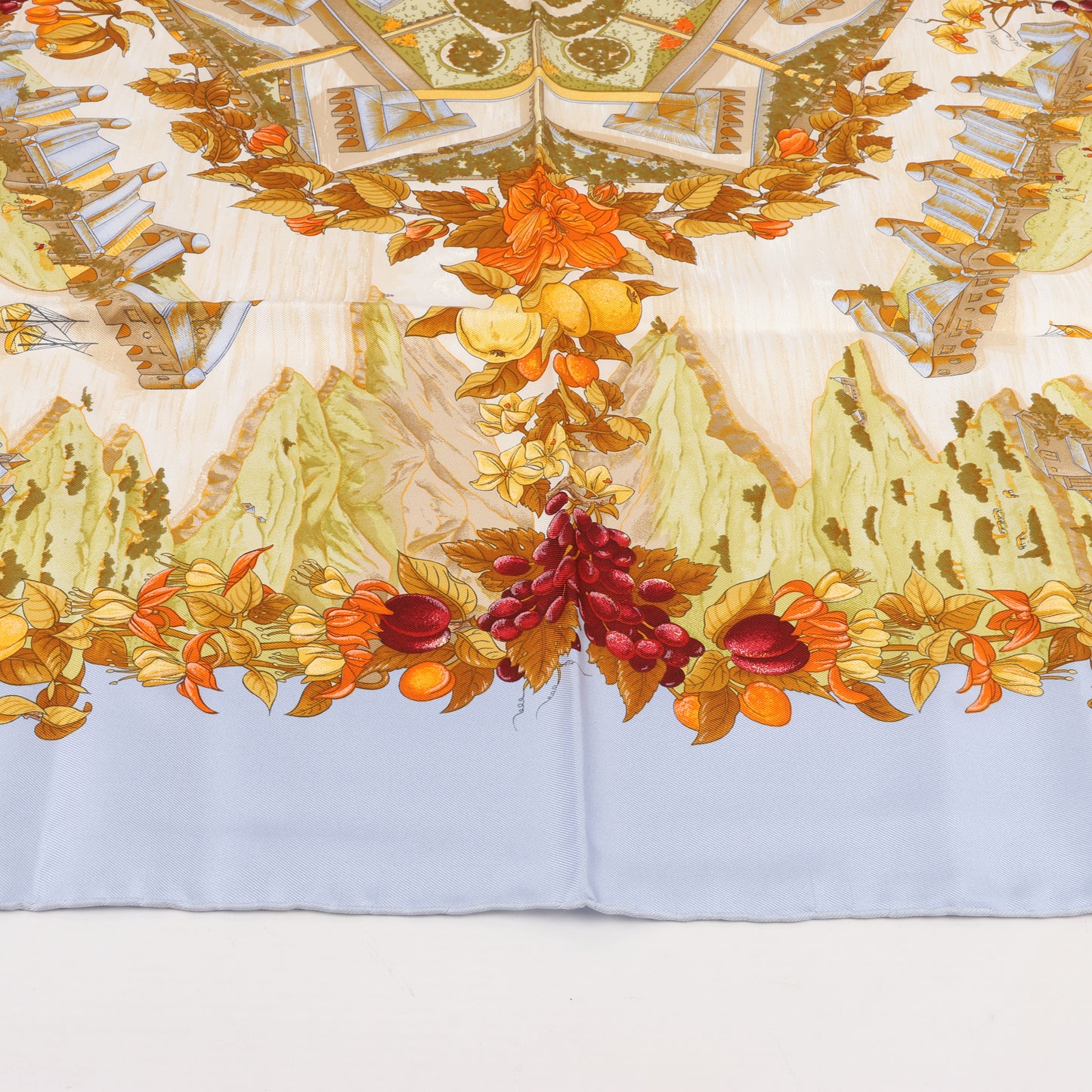 Hermes Carré 90 "Au Pays de Cocagne" 100% Silk Scarf in Blue