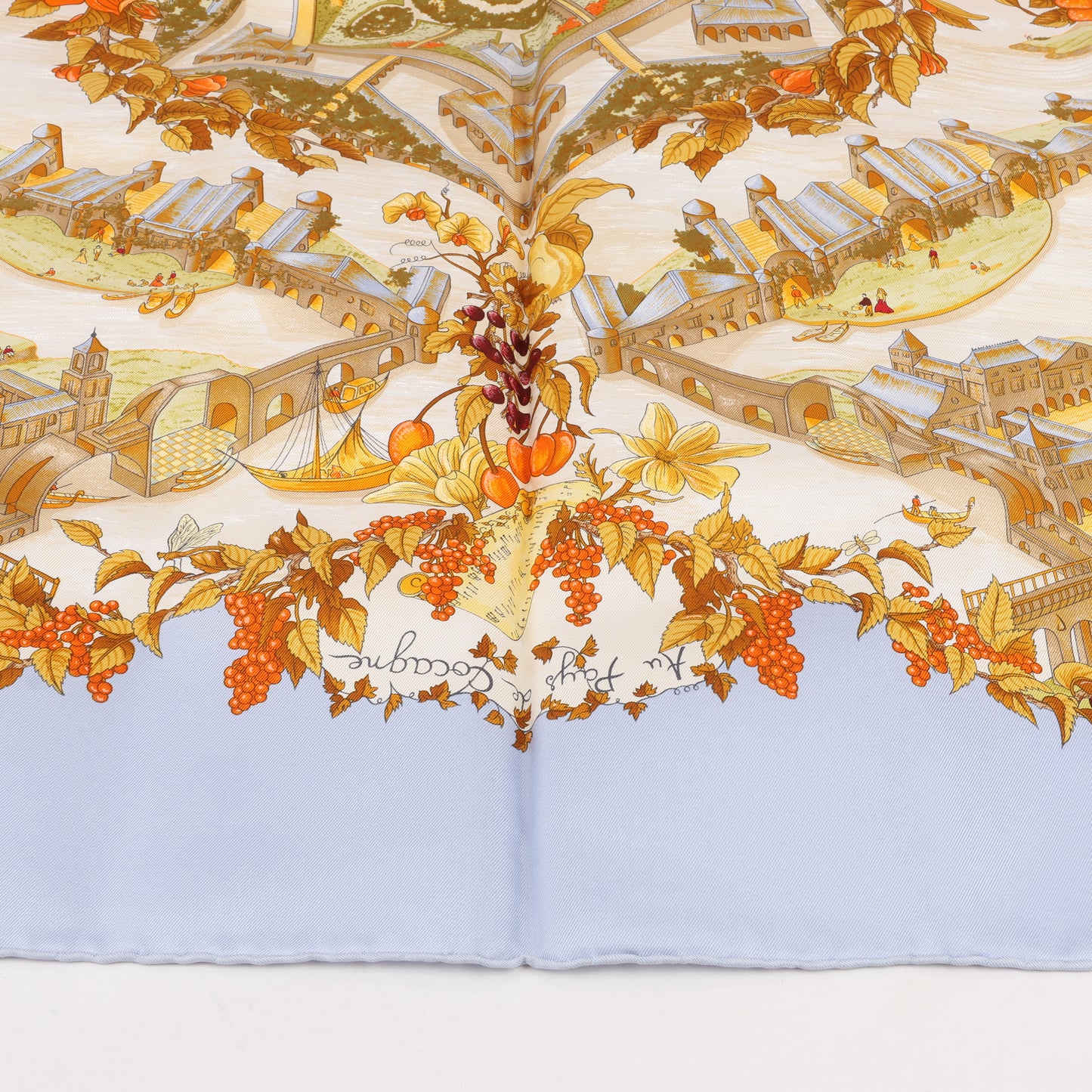 Hermes Carré 90 "Au Pays de Cocagne" 100% Silk Scarf in Blue
