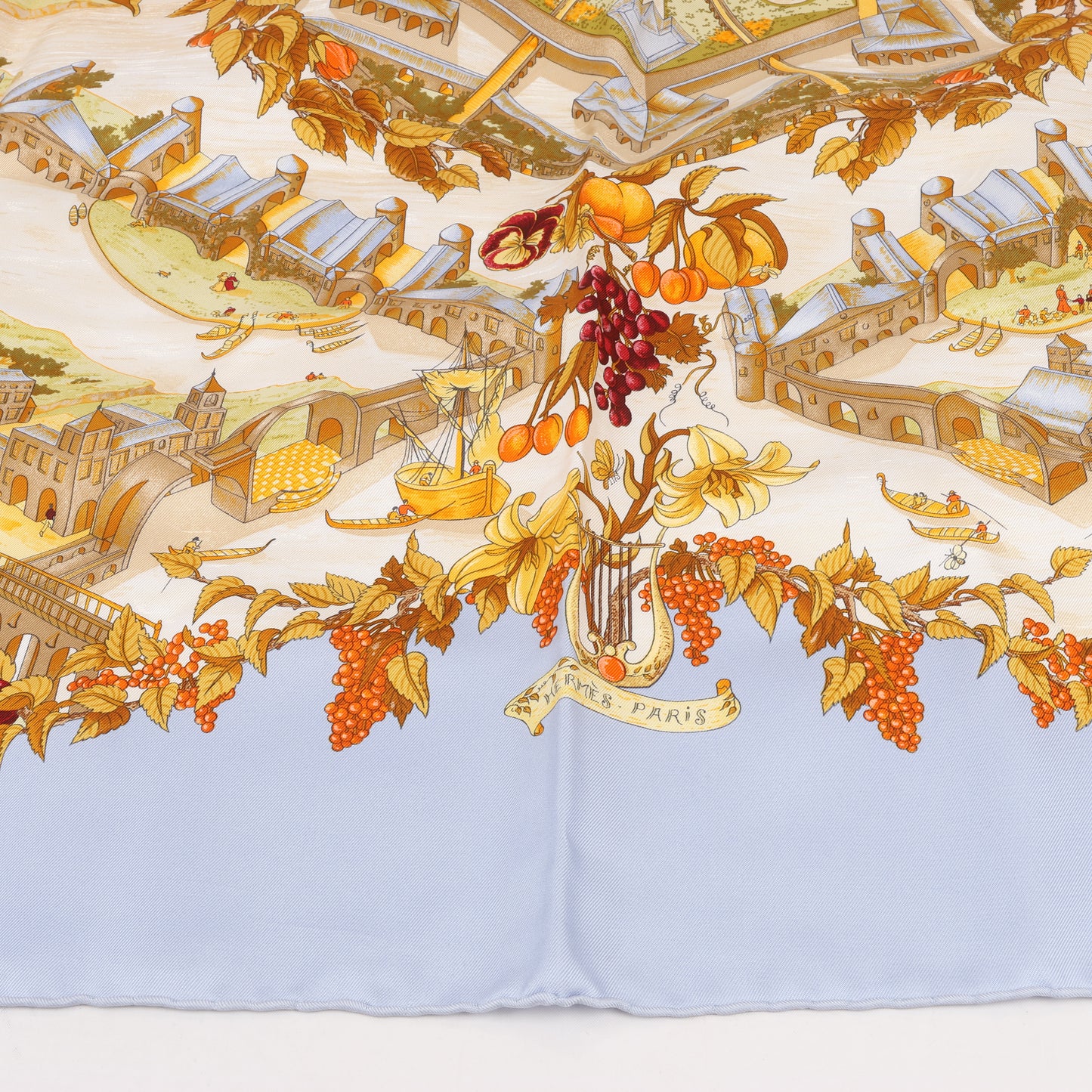 Hermes Carré 90 "Au Pays de Cocagne" 100% Silk Scarf in Blue
