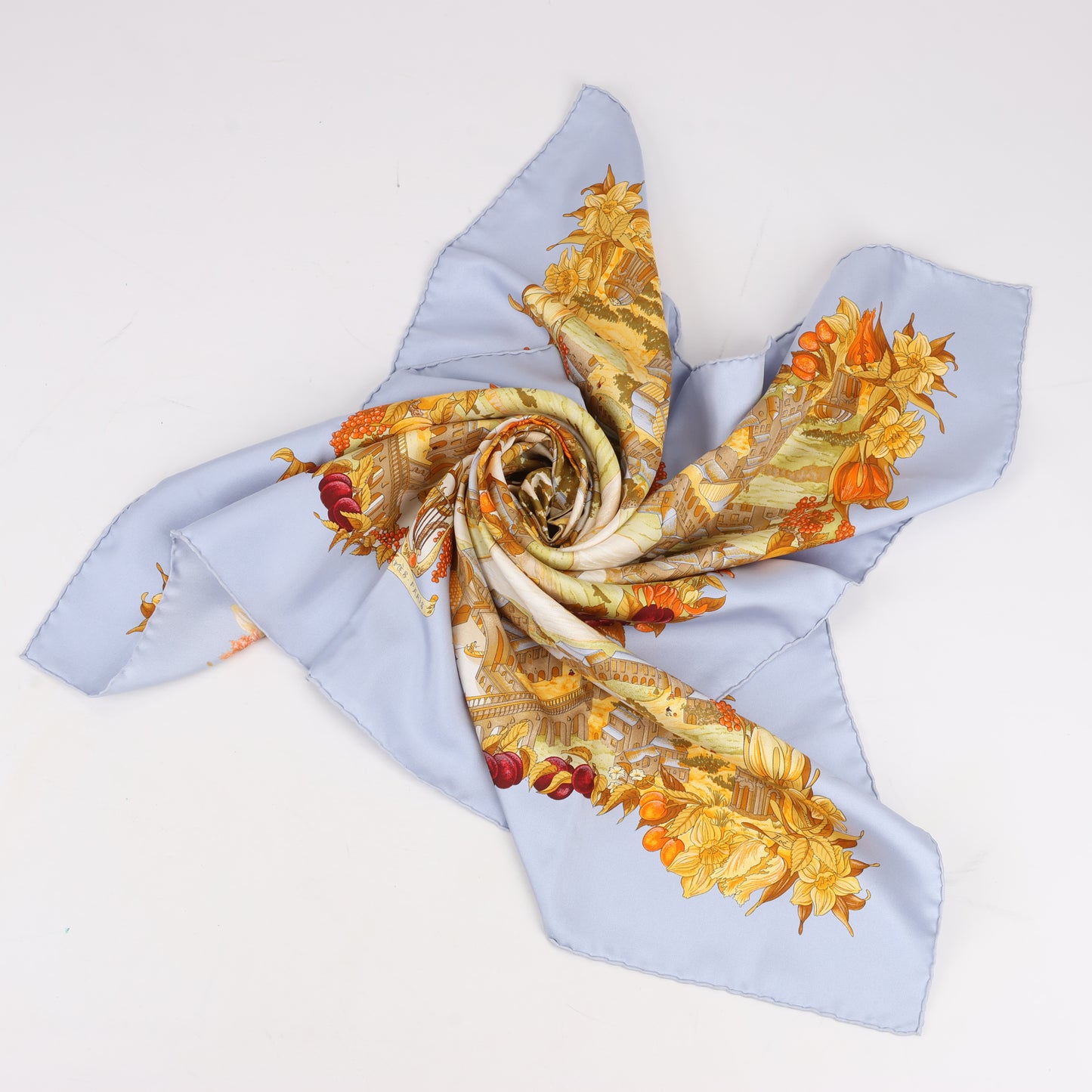 Hermes Carré 90 "Au Pays de Cocagne" 100% Silk Scarf in Blue