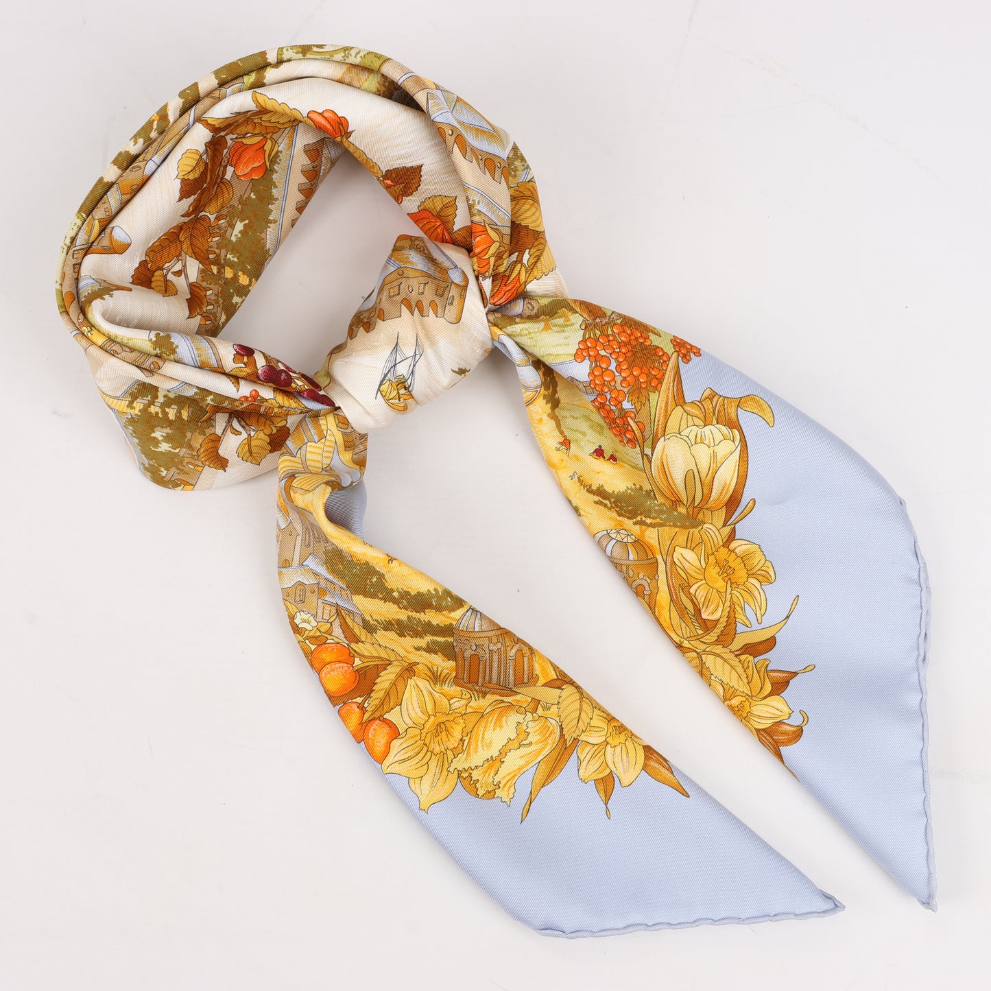 Hermes Carré 90 "Au Pays de Cocagne" 100% Silk Scarf in Blue