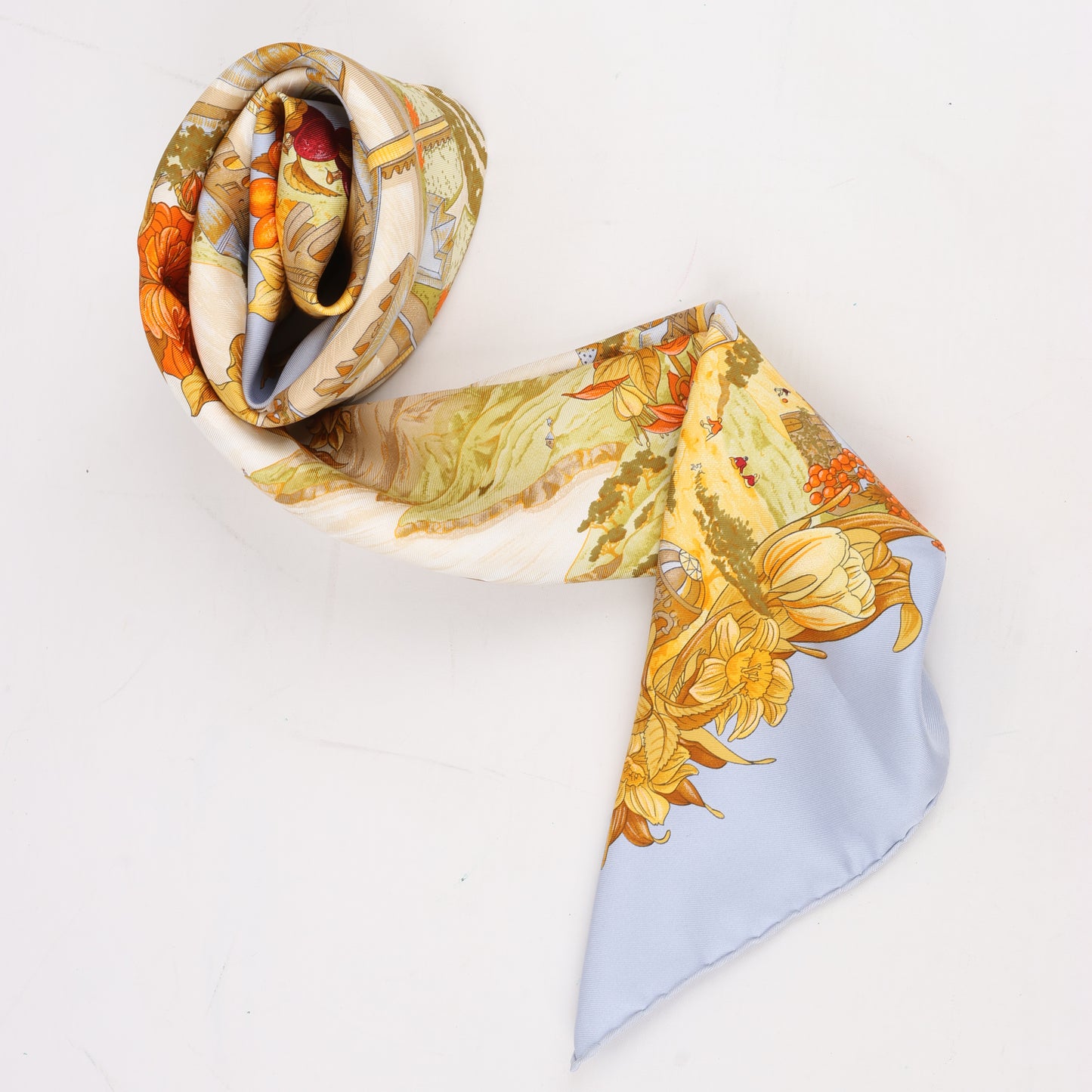 Hermes Carré 90 "Au Pays de Cocagne" 100% Silk Scarf in Blue
