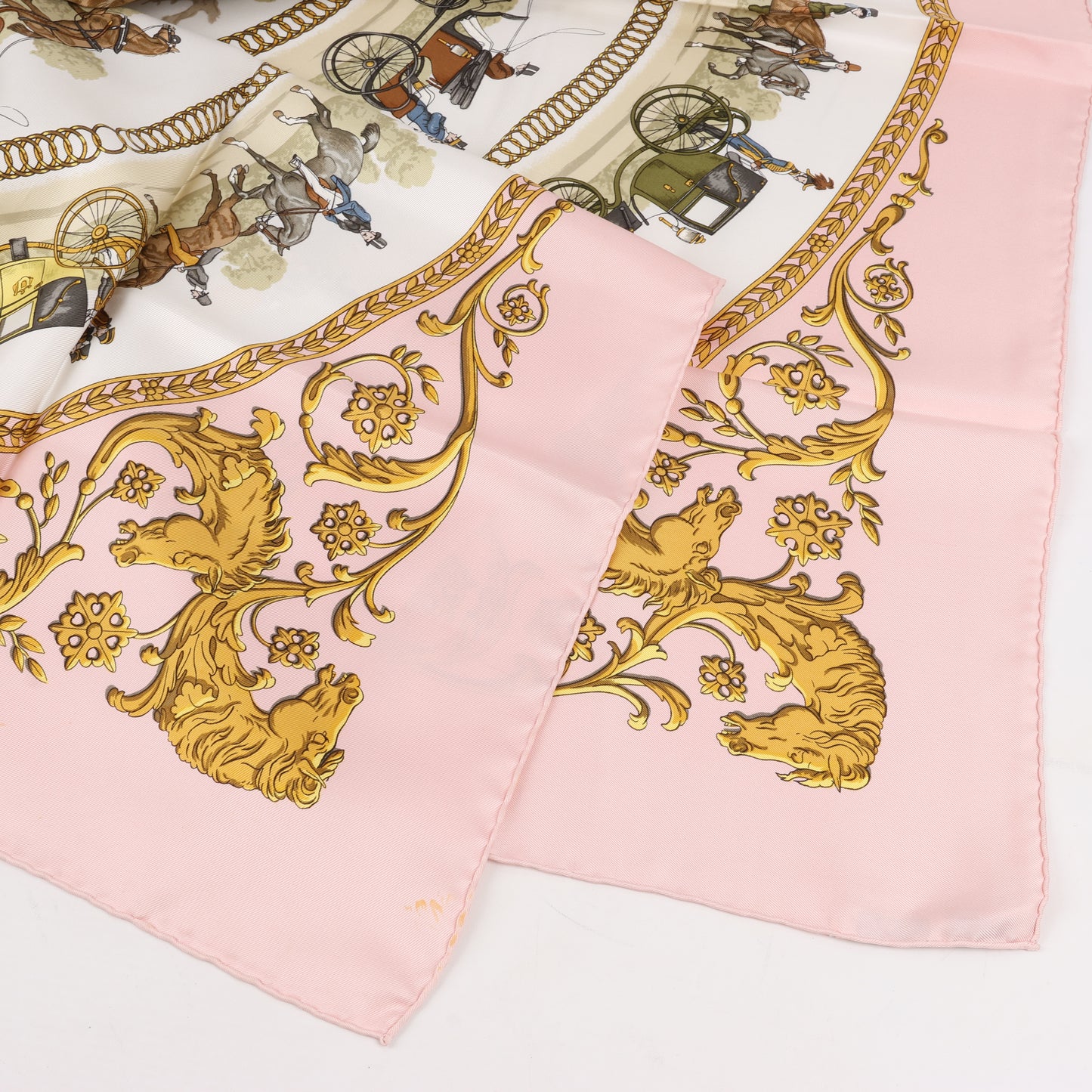 Hermes Carré 90 "LA PROMENADE DE LONGCHAMPS" 100% Silk Scarf in Pink