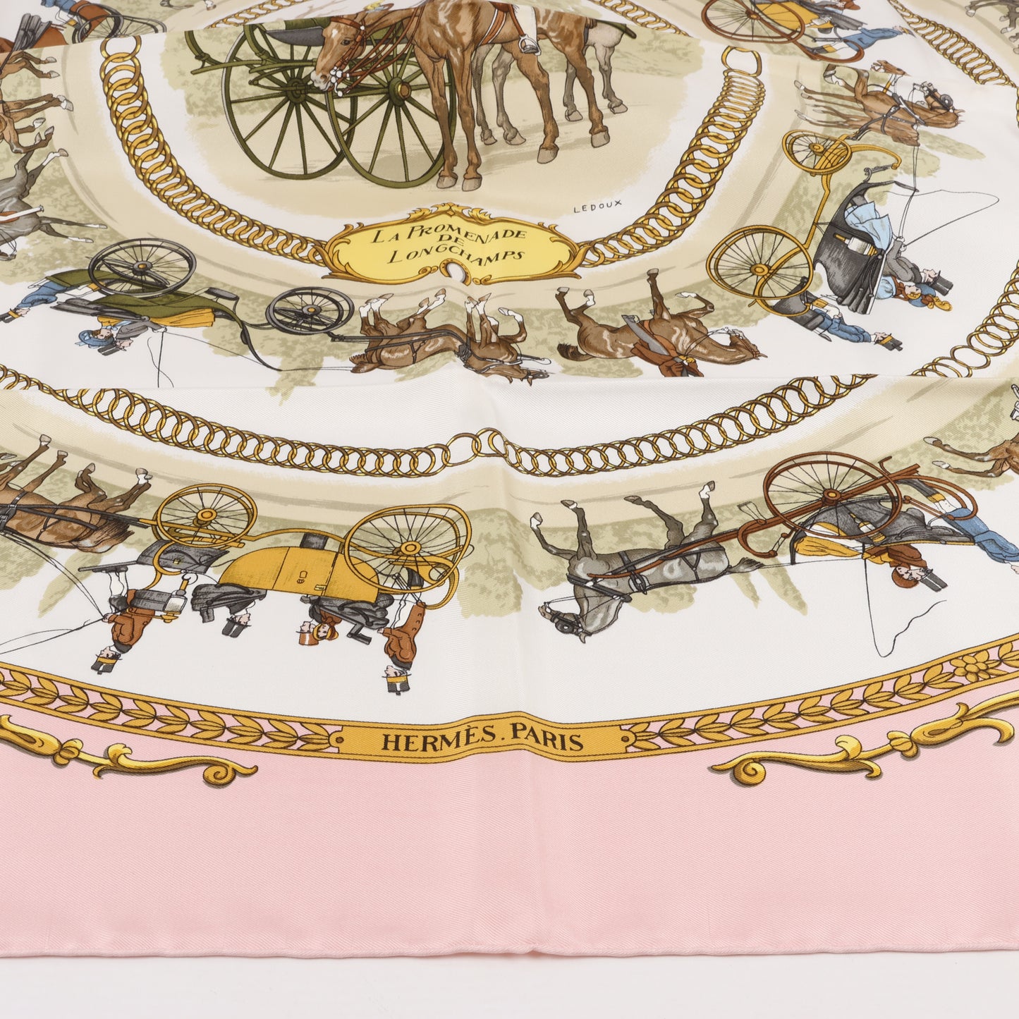 Hermes Carré 90 "LA PROMENADE DE LONGCHAMPS" 100% Silk Scarf in Pink