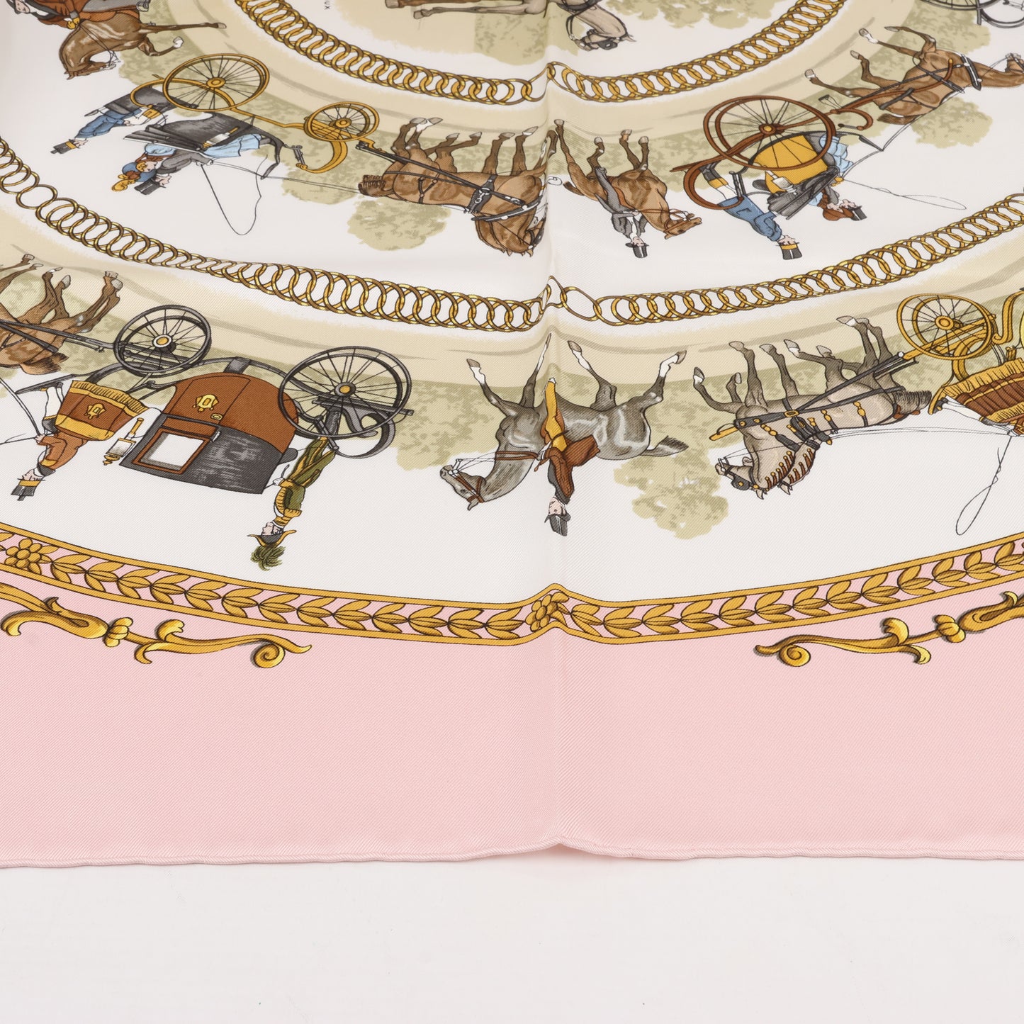 Hermes Carré 90 "LA PROMENADE DE LONGCHAMPS" 100% Silk Scarf in Pink