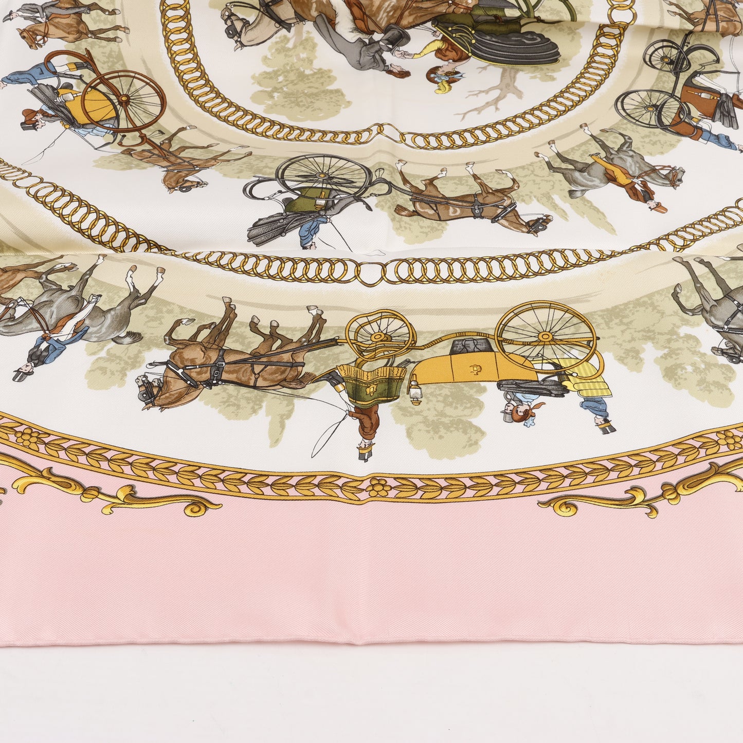 Hermes Carré 90 "LA PROMENADE DE LONGCHAMPS" 100% Silk Scarf in Pink