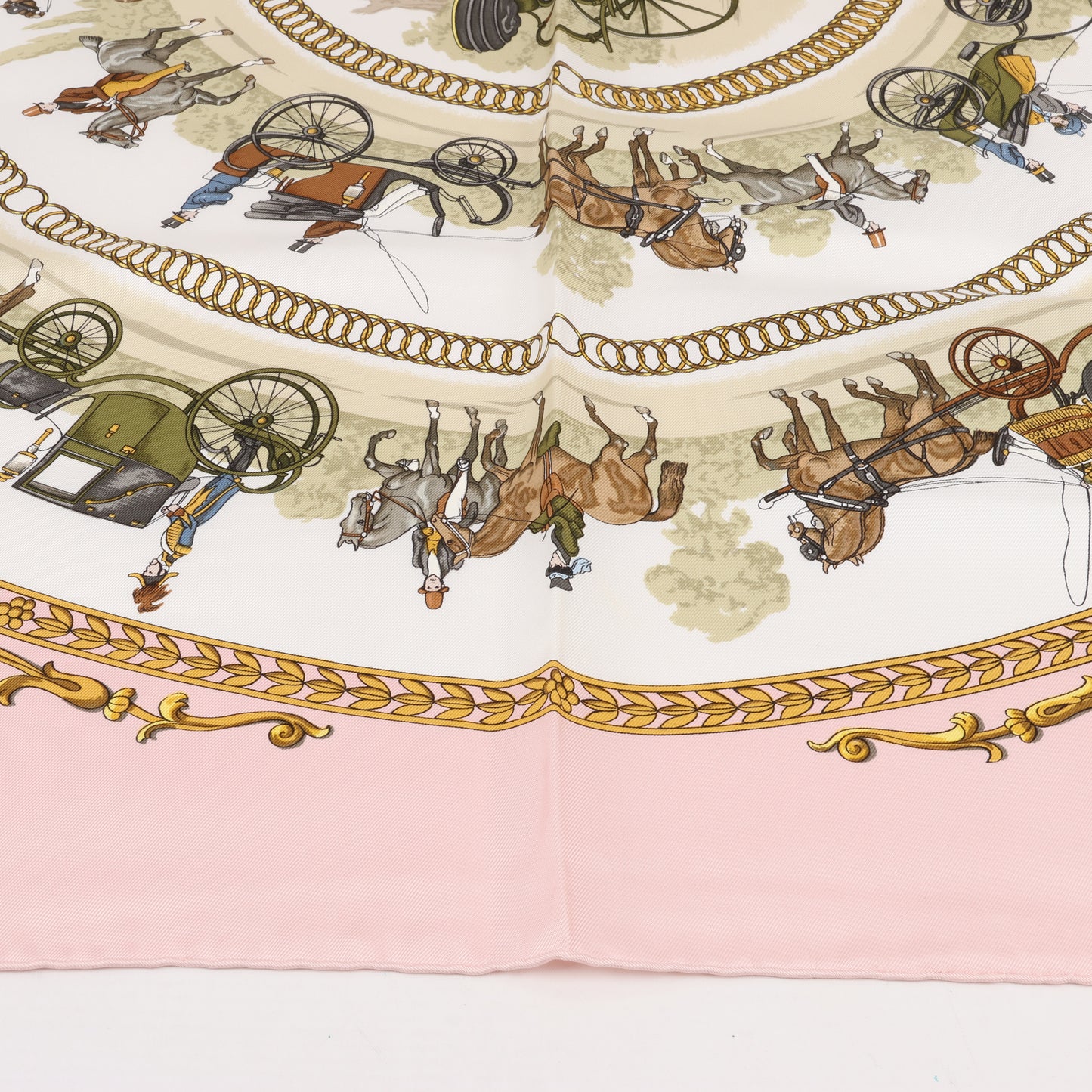 Hermes Carré 90 "LA PROMENADE DE LONGCHAMPS" 100% Silk Scarf in Pink
