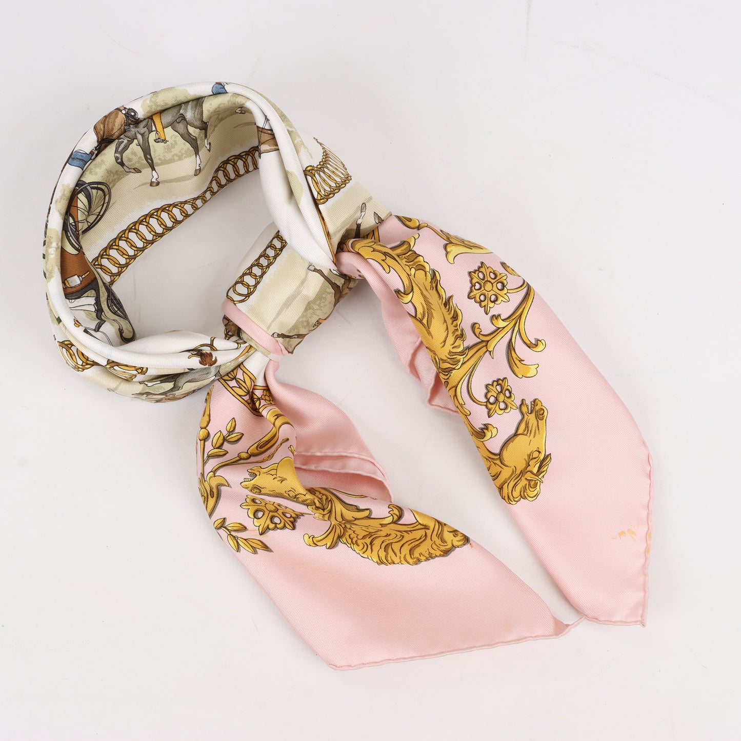 Hermes Carré 90 "LA PROMENADE DE LONGCHAMPS" 100% Silk Scarf in Pink
