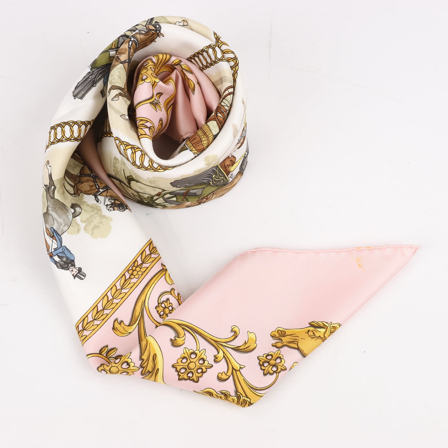 Hermes Carré 90 "LA PROMENADE DE LONGCHAMPS" 100% Silk Scarf in Pink