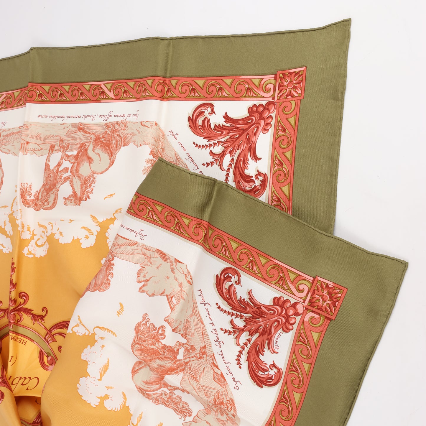Hermès Carré 90 "Courbettes et Cabrioles" 100% Silk Scarf in Orange x Green