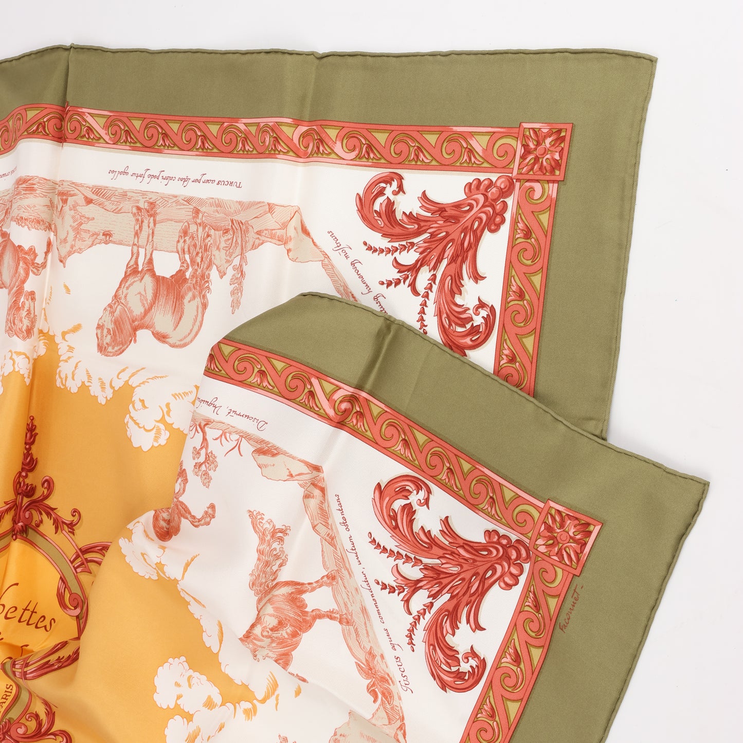 Hermès Carré 90 "Courbettes et Cabrioles" 100% Silk Scarf in Orange x Green