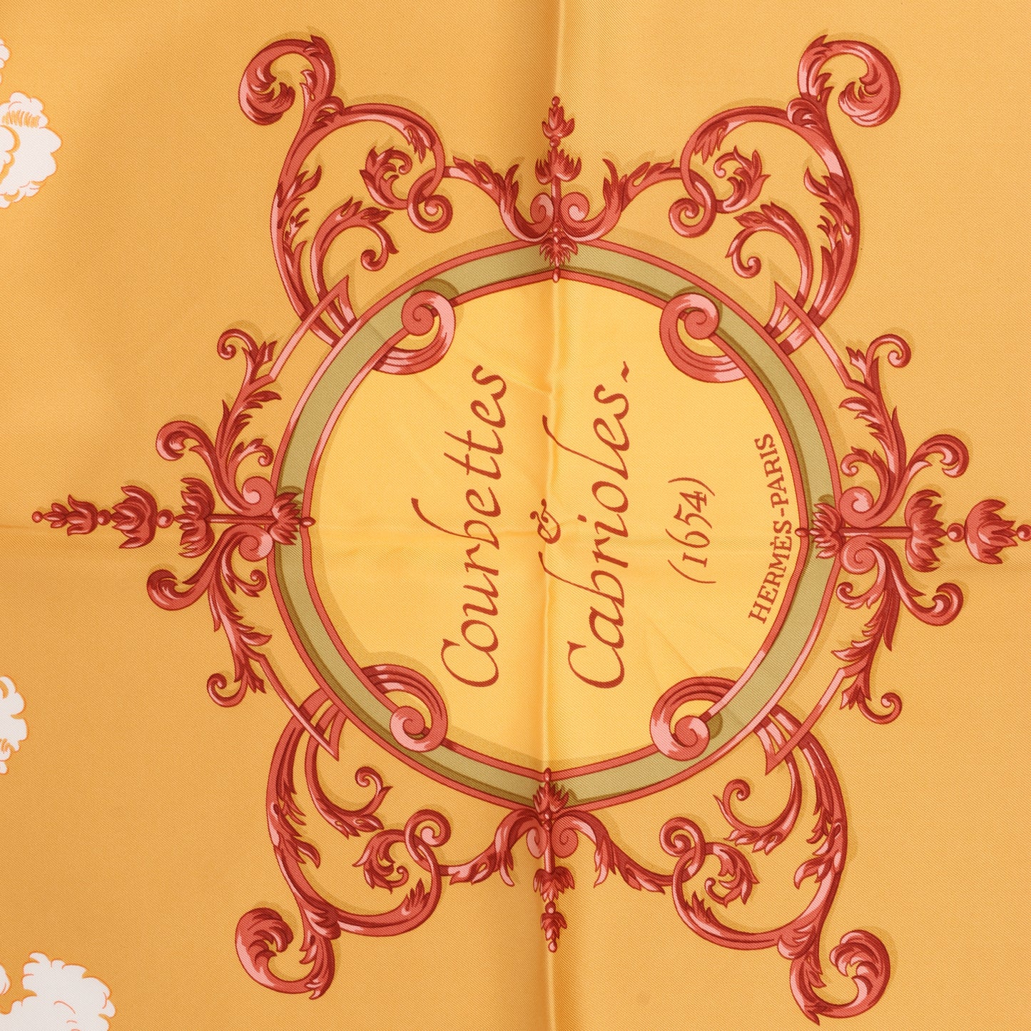 Hermès Carré 90 "Courbettes et Cabrioles" 100% Silk Scarf in Orange x Green