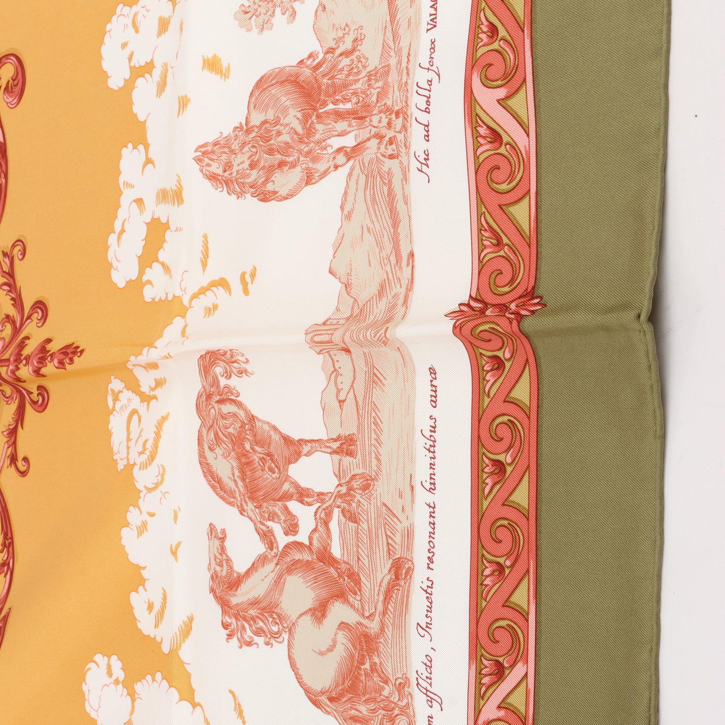 Hermès Carré 90 "Courbettes et Cabrioles" 100% Silk Scarf in Orange x Green