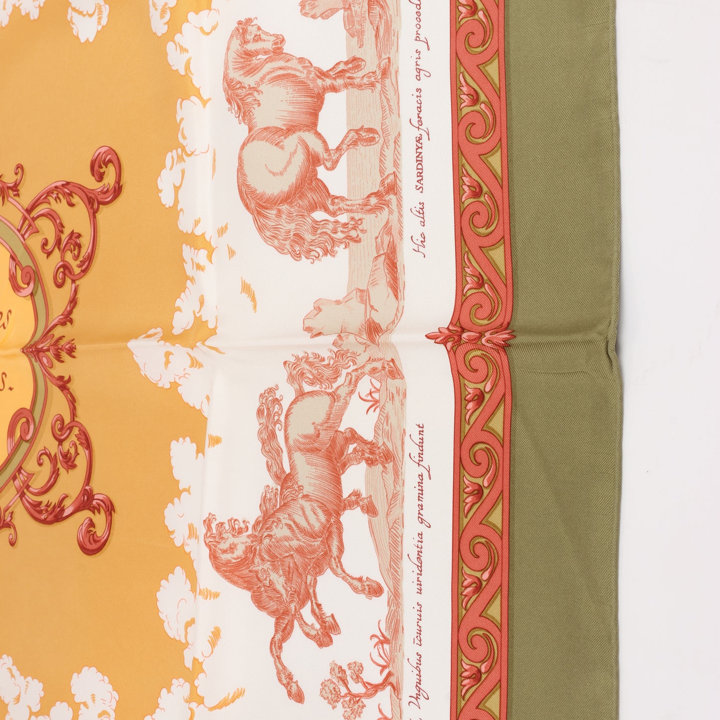 Hermès Carré 90 "Courbettes et Cabrioles" 100% Silk Scarf in Orange x Green