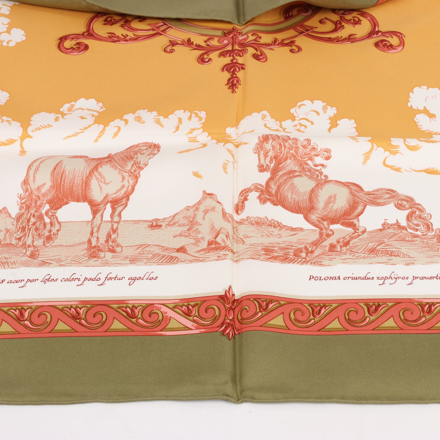 Hermès Carré 90 "Courbettes et Cabrioles" 100% Silk Scarf in Orange x Green