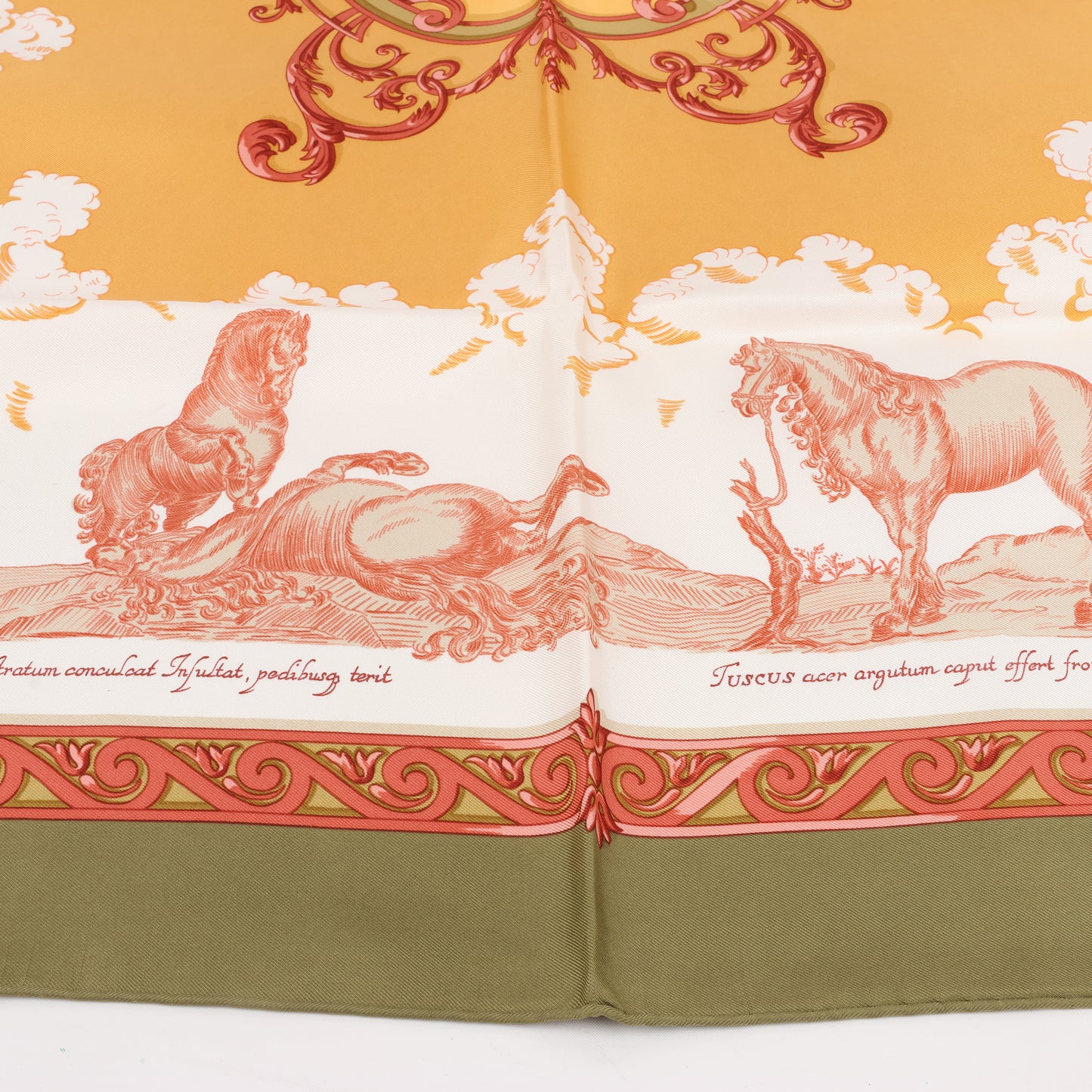 Hermès Carré 90 "Courbettes et Cabrioles" 100% Silk Scarf in Orange x Green