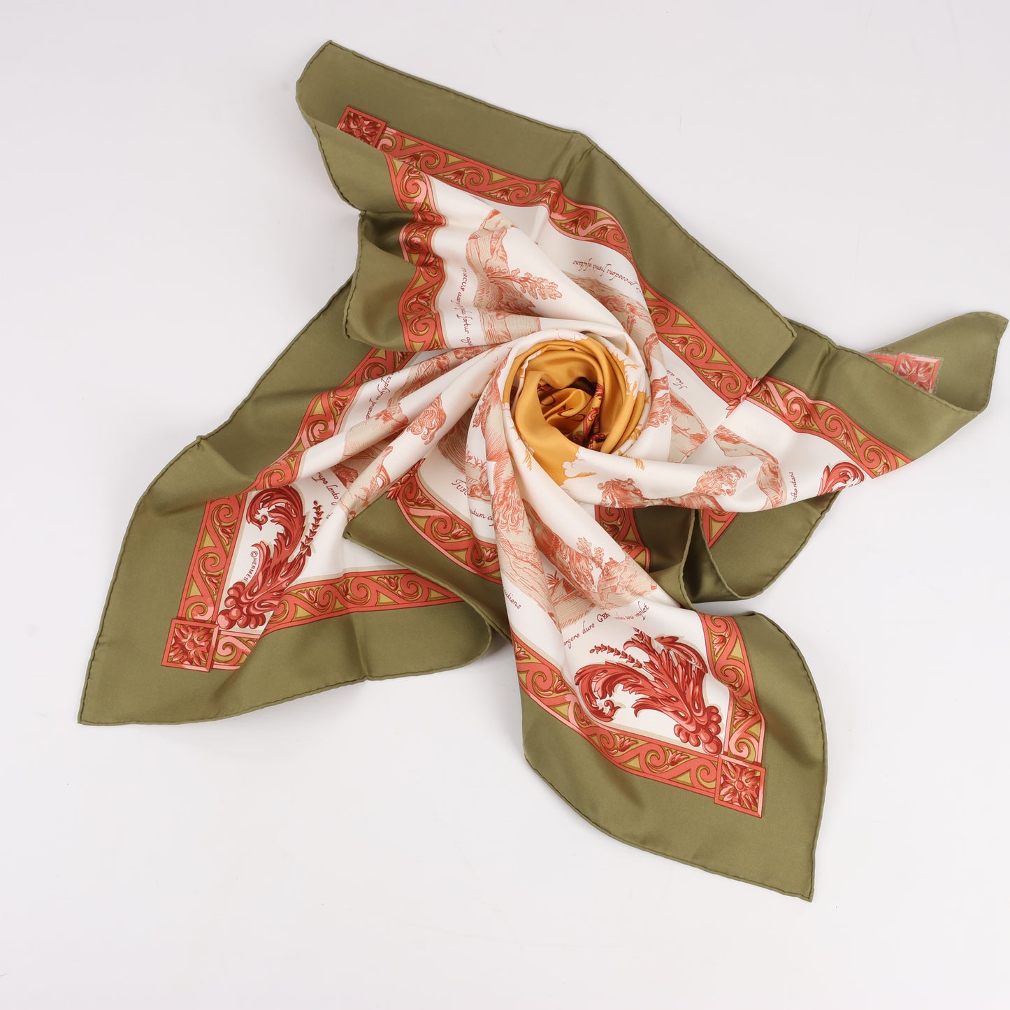 Hermès Carré 90 "Courbettes et Cabrioles" 100% Silk Scarf in Orange x Green