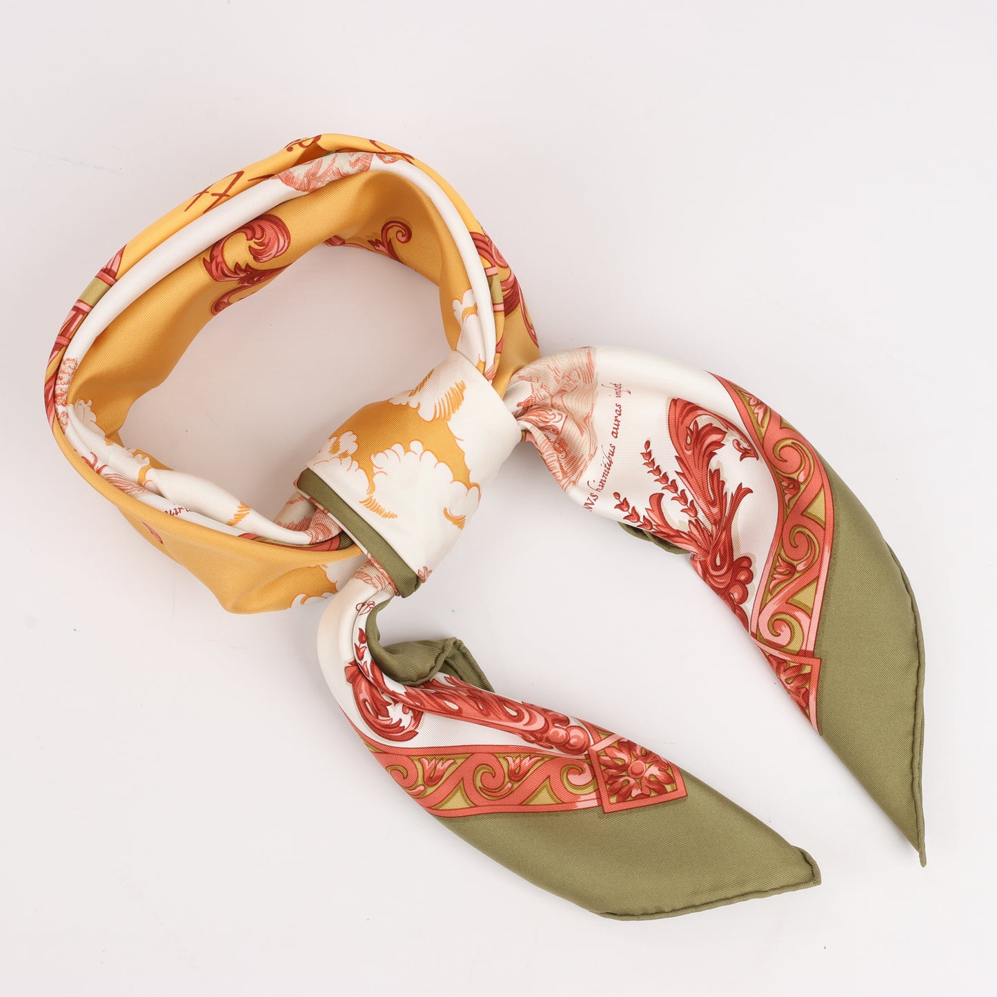 Hermès Carré 90 "Courbettes et Cabrioles" 100% Silk Scarf in Orange x Green