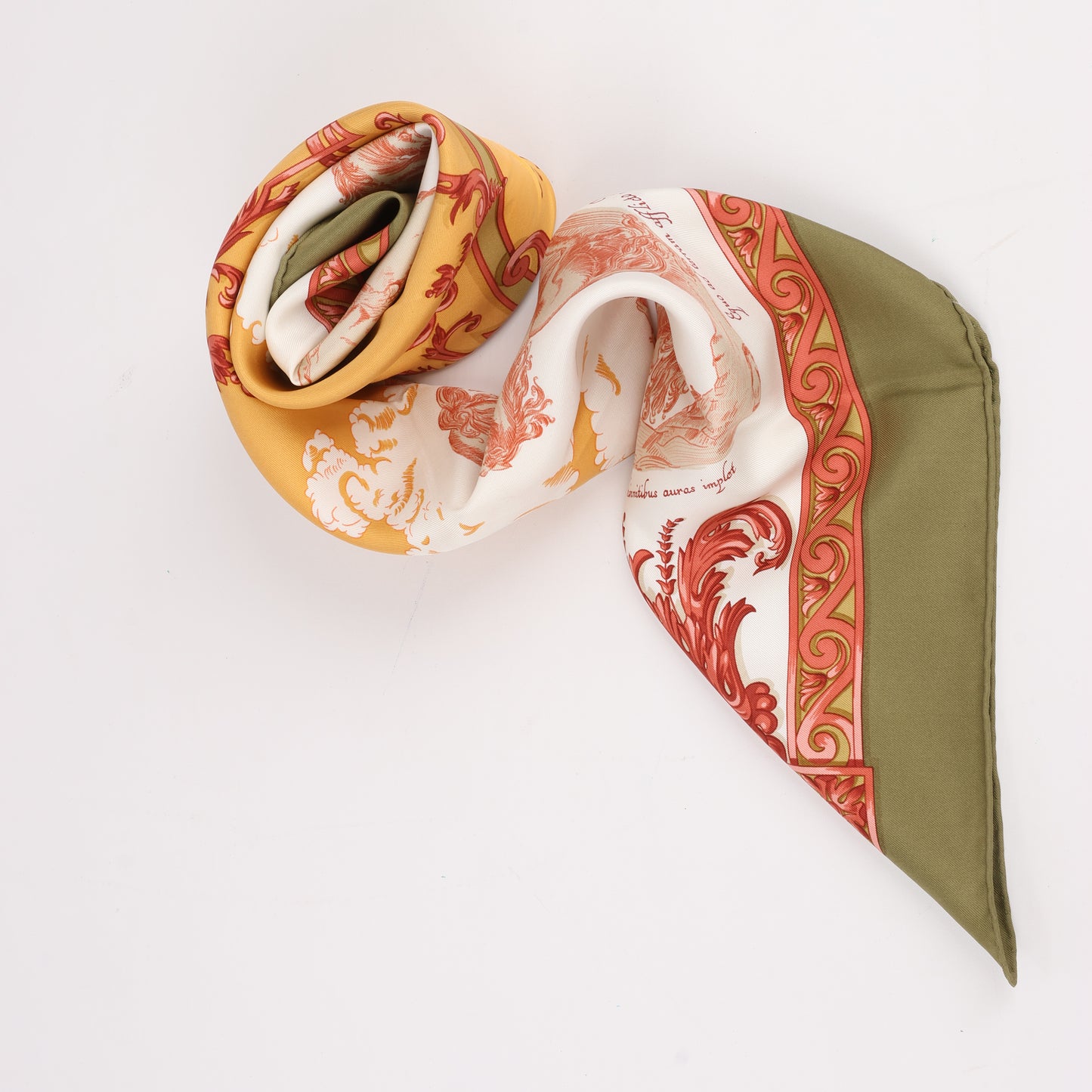 Hermès Carré 90 "Courbettes et Cabrioles" 100% Silk Scarf in Orange x Green