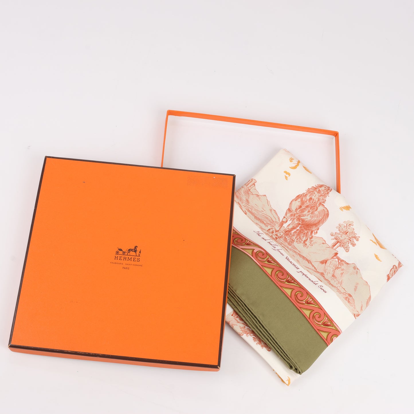 Hermès Carré 90 "Courbettes et Cabrioles" 100% Silk Scarf in Orange x Green