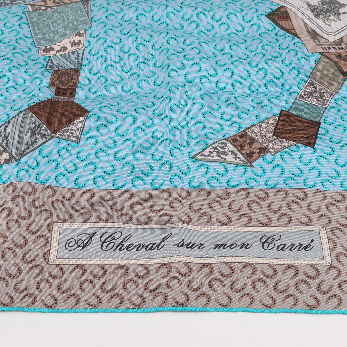 Hermès Carré 90 "A Cheval sur mon Carré" 100% Silk Scarf in Blue