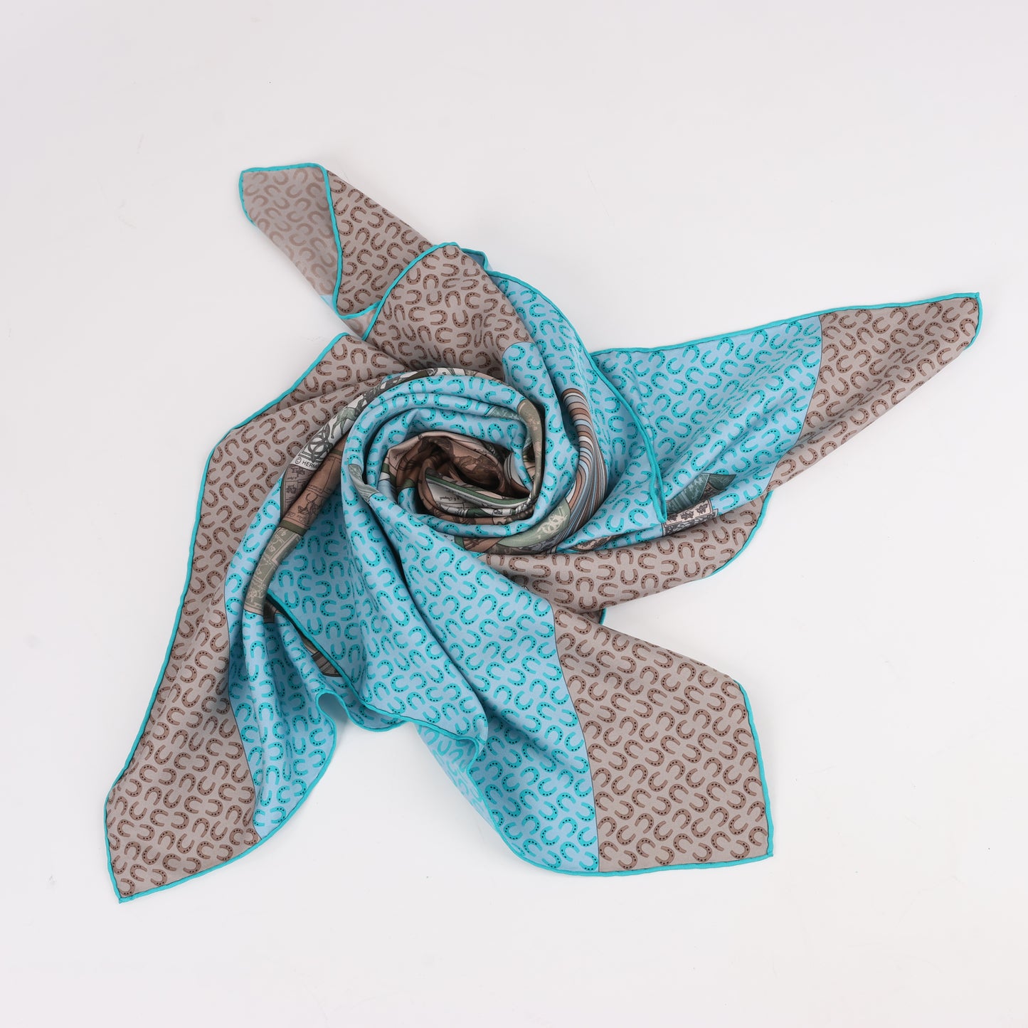 Hermès Carré 90 "A Cheval sur mon Carré" 100% Silk Scarf in Blue