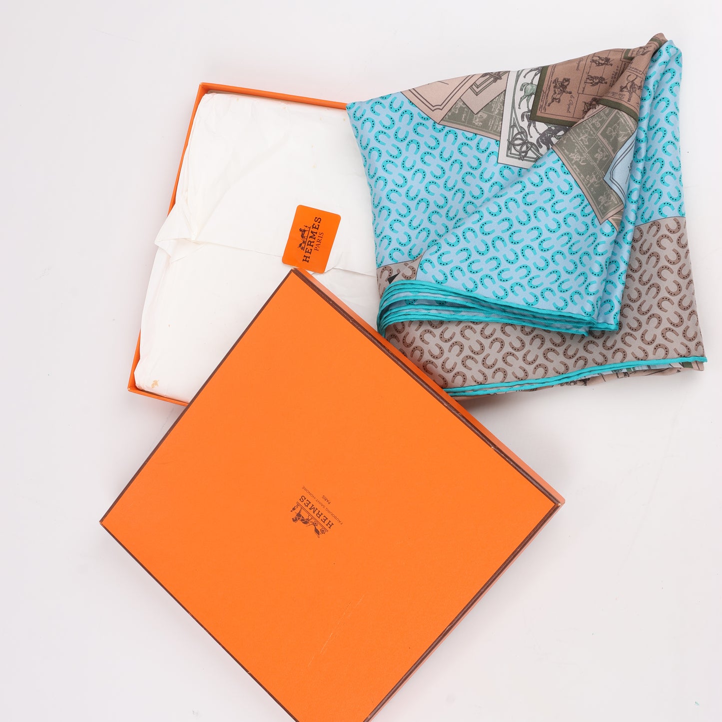 Hermès Carré 90 "A Cheval sur mon Carré" 100% Silk Scarf in Blue