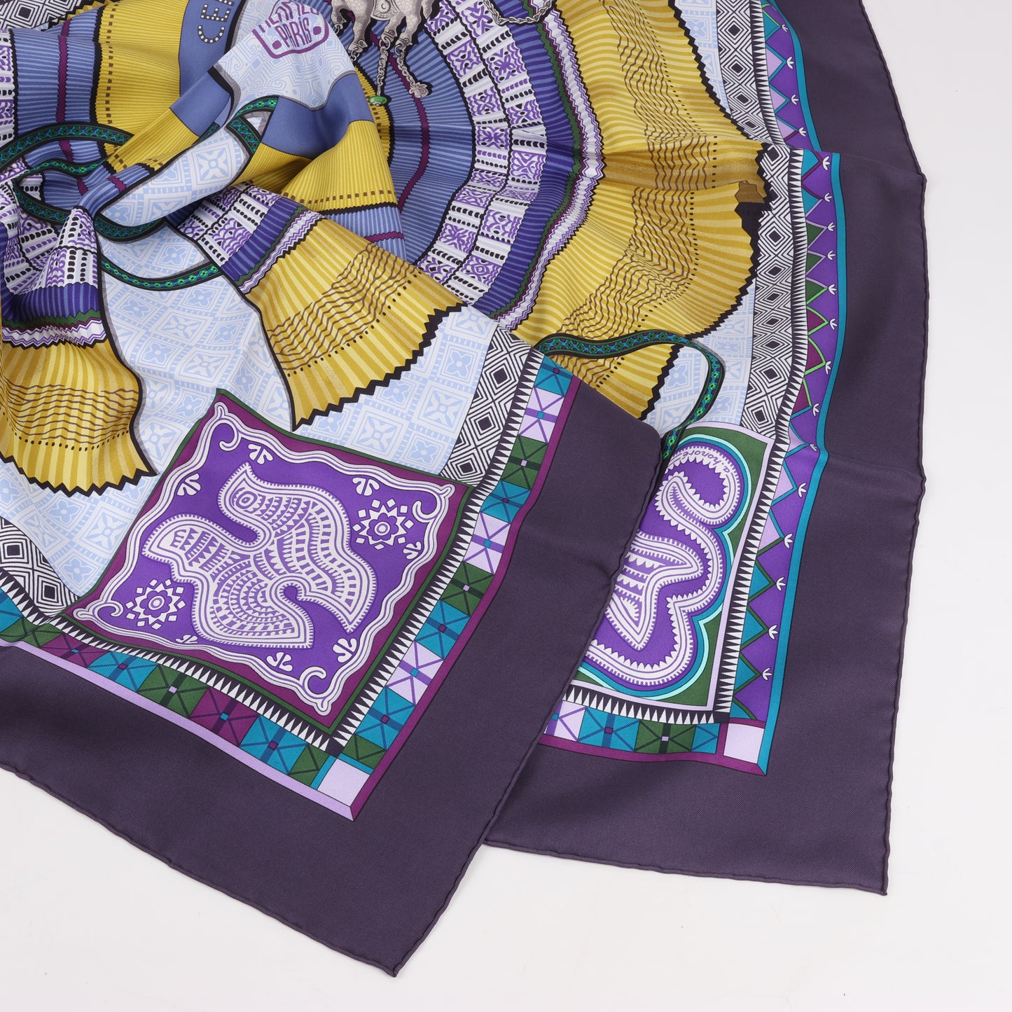 Hermès Carré 90 "CENT PLIS DES MIAO" 100% Silk Scarf in Purple