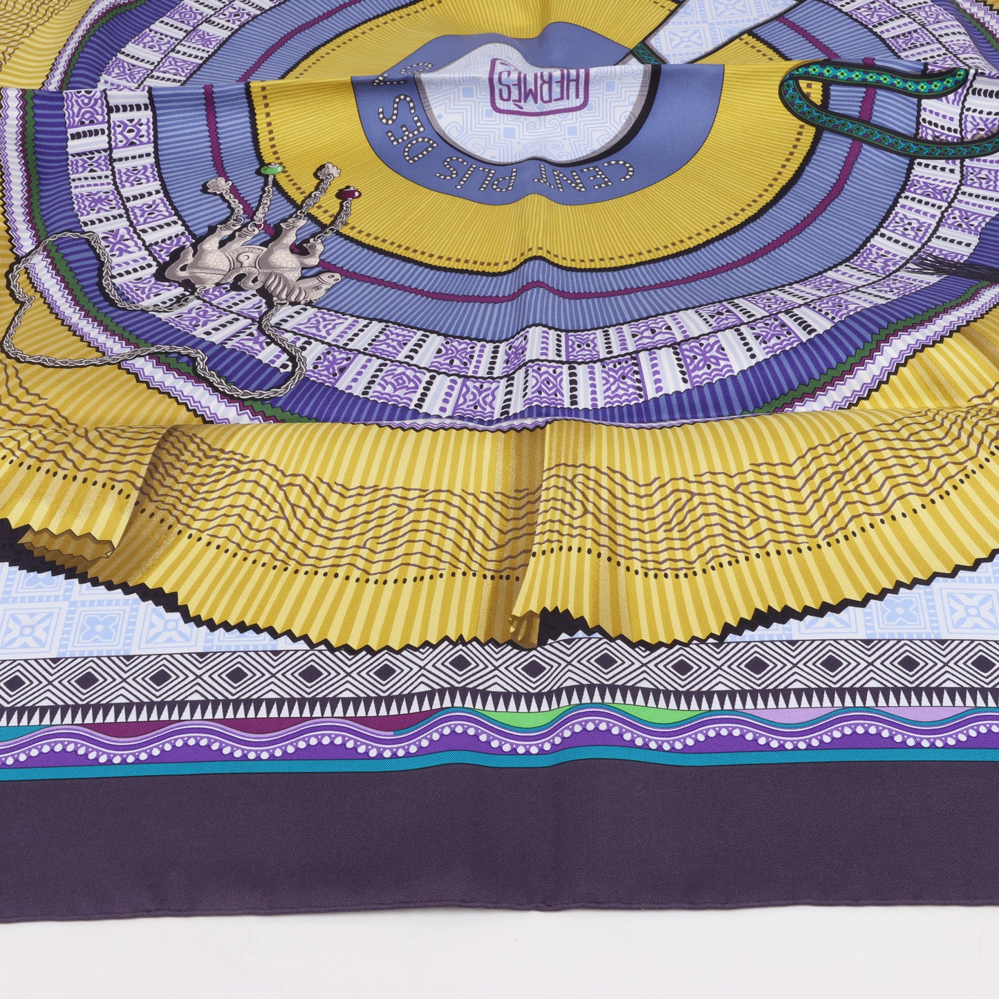 Hermès Carré 90 "CENT PLIS DES MIAO" 100% Silk Scarf in Purple