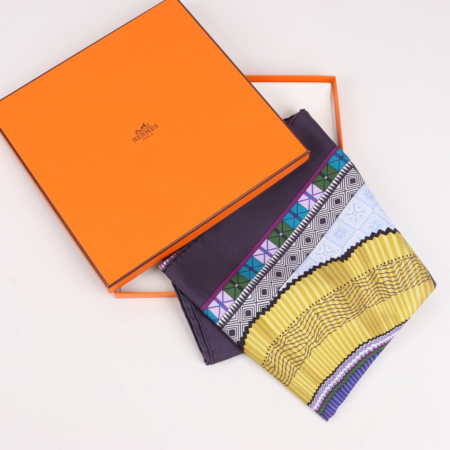 Hermès Carré 90 "CENT PLIS DES MIAO" 100% Silk Scarf in Purple