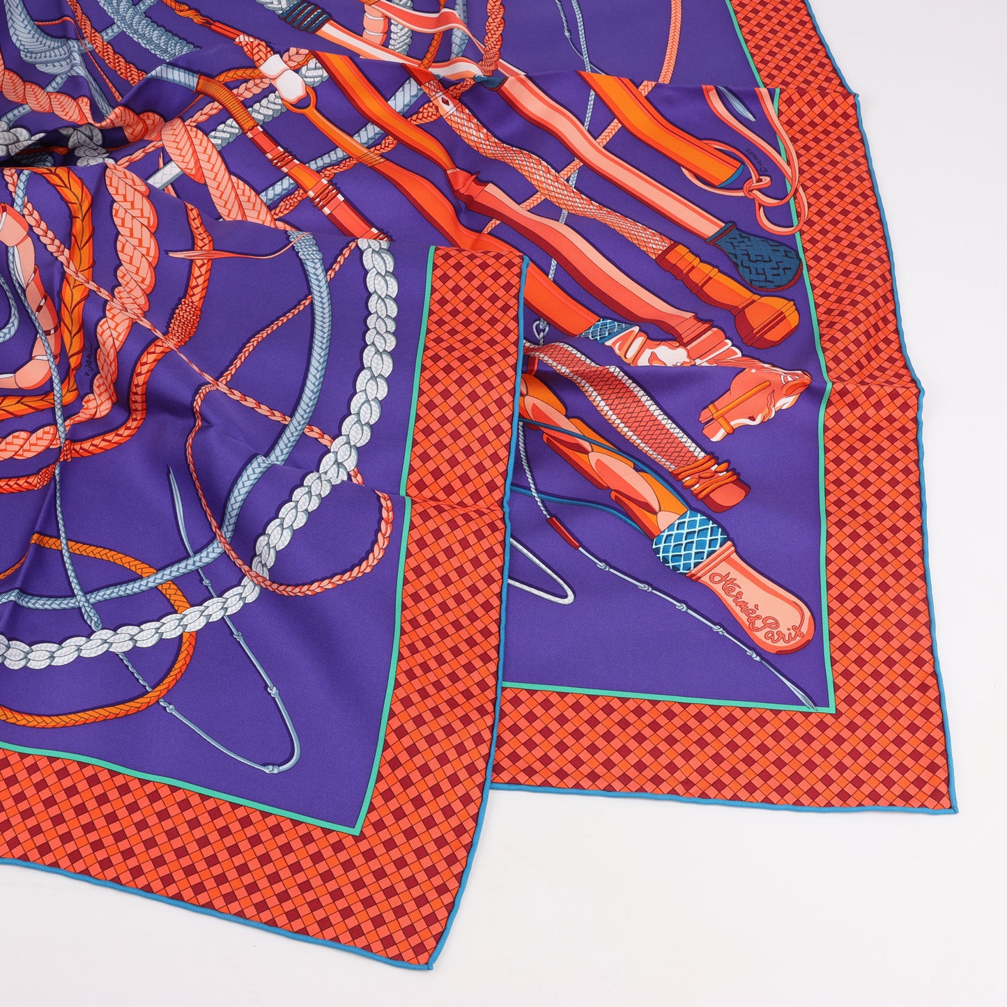 Hermès Carré 90 Fouets et Badines" 100% Silk Scarf in Purple