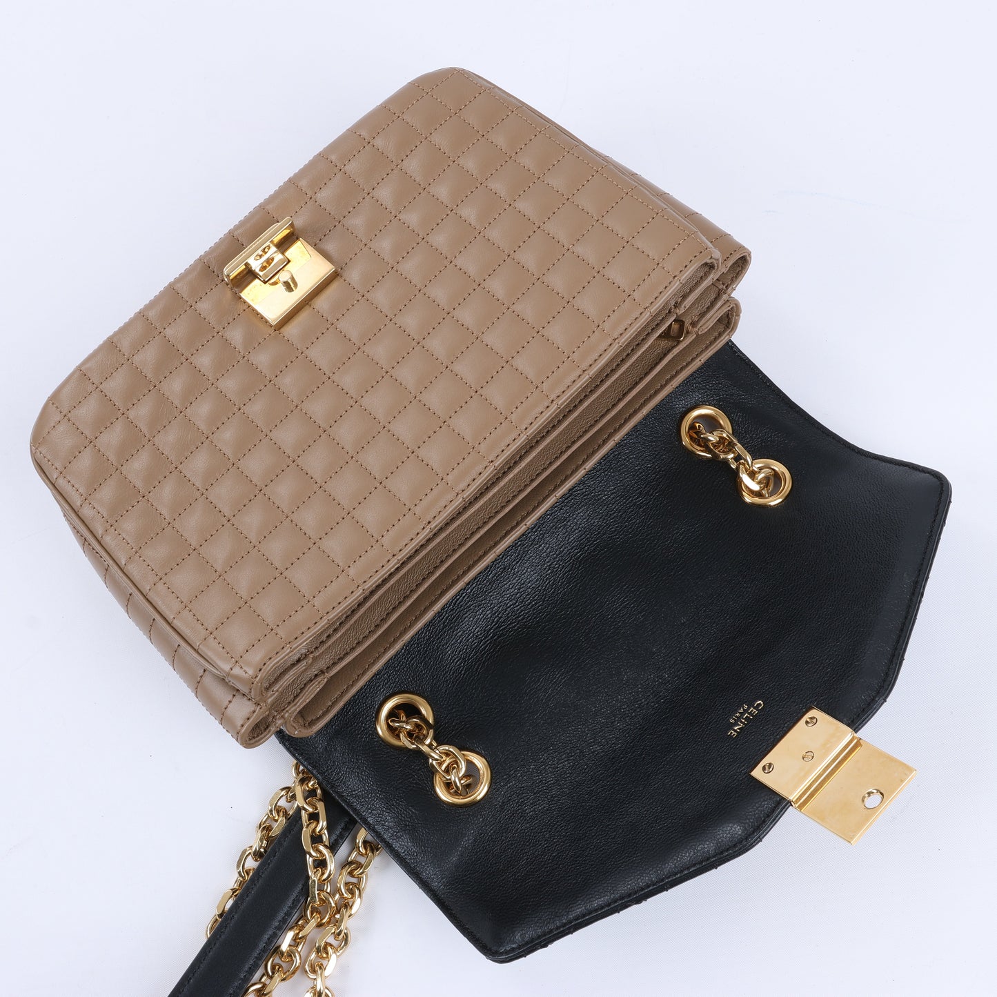 Celine C Sées Medium Leather Chain Shoulder Bag Black × Brown
