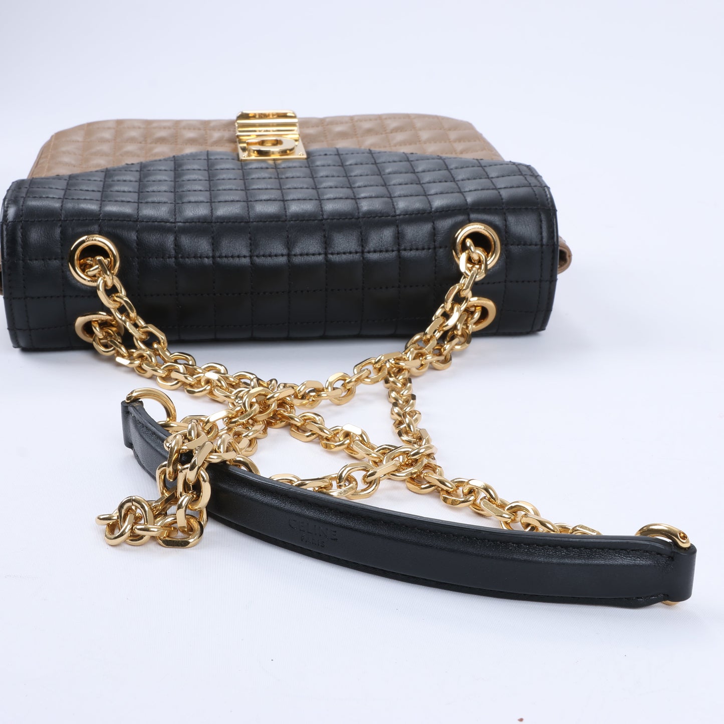 Celine C Sées Medium Leather Chain Shoulder Bag Black × Brown