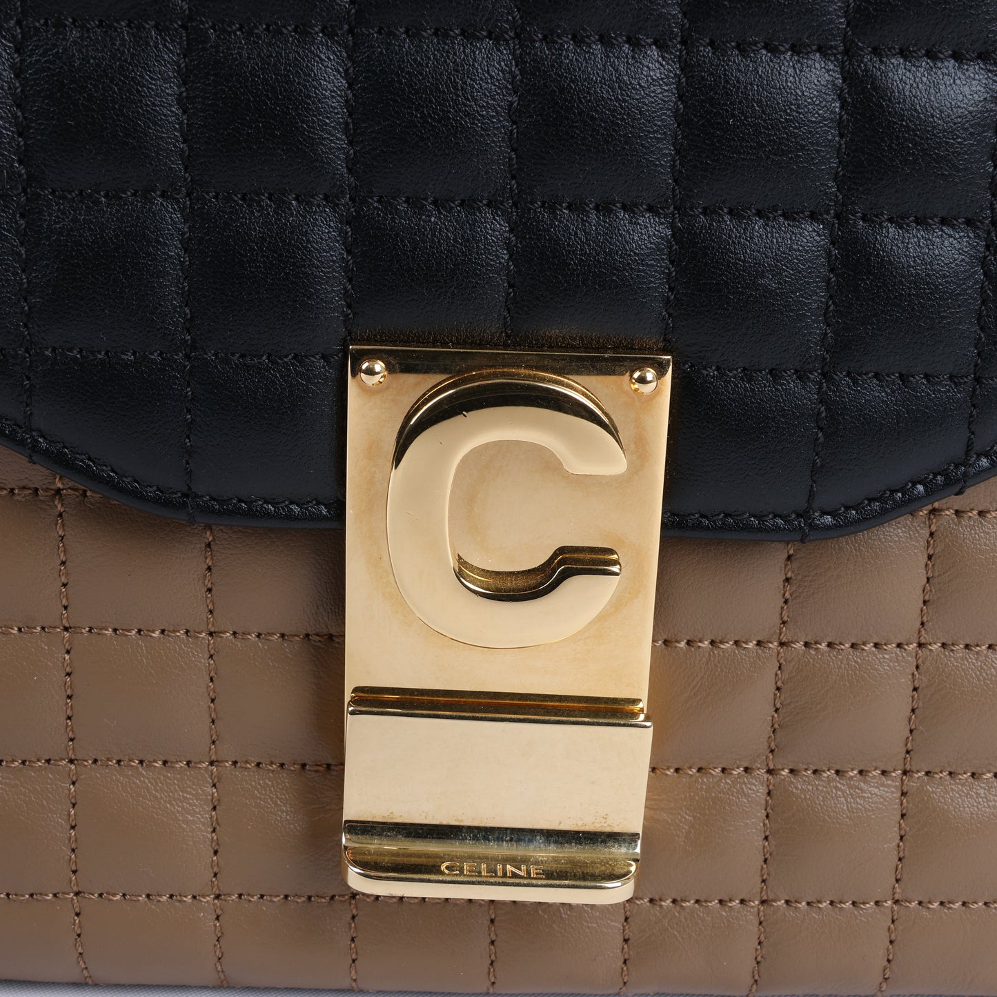 Celine C Sées Medium Leather Chain Shoulder Bag Black × Brown