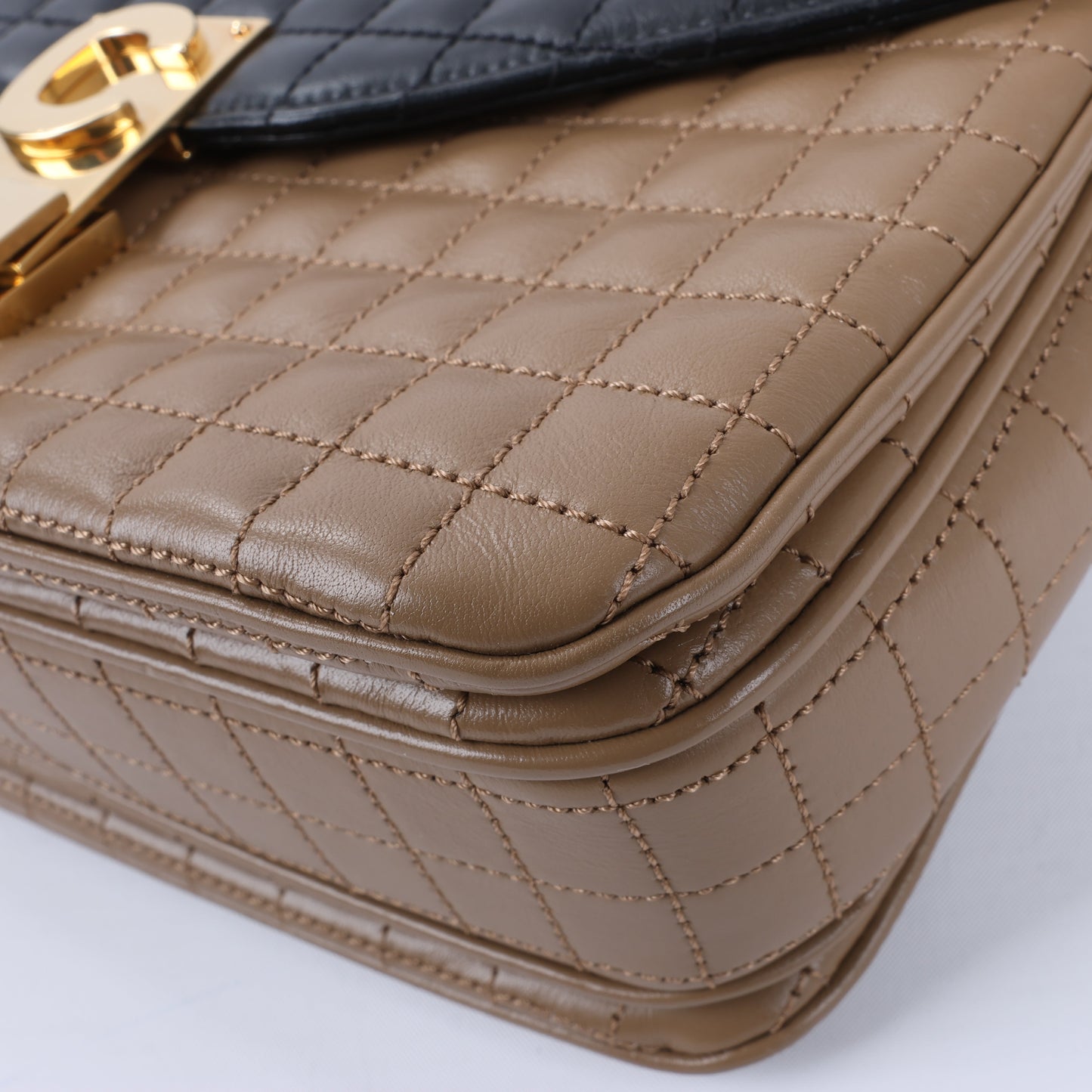 Celine C Sées Medium Leather Chain Shoulder Bag Black × Brown