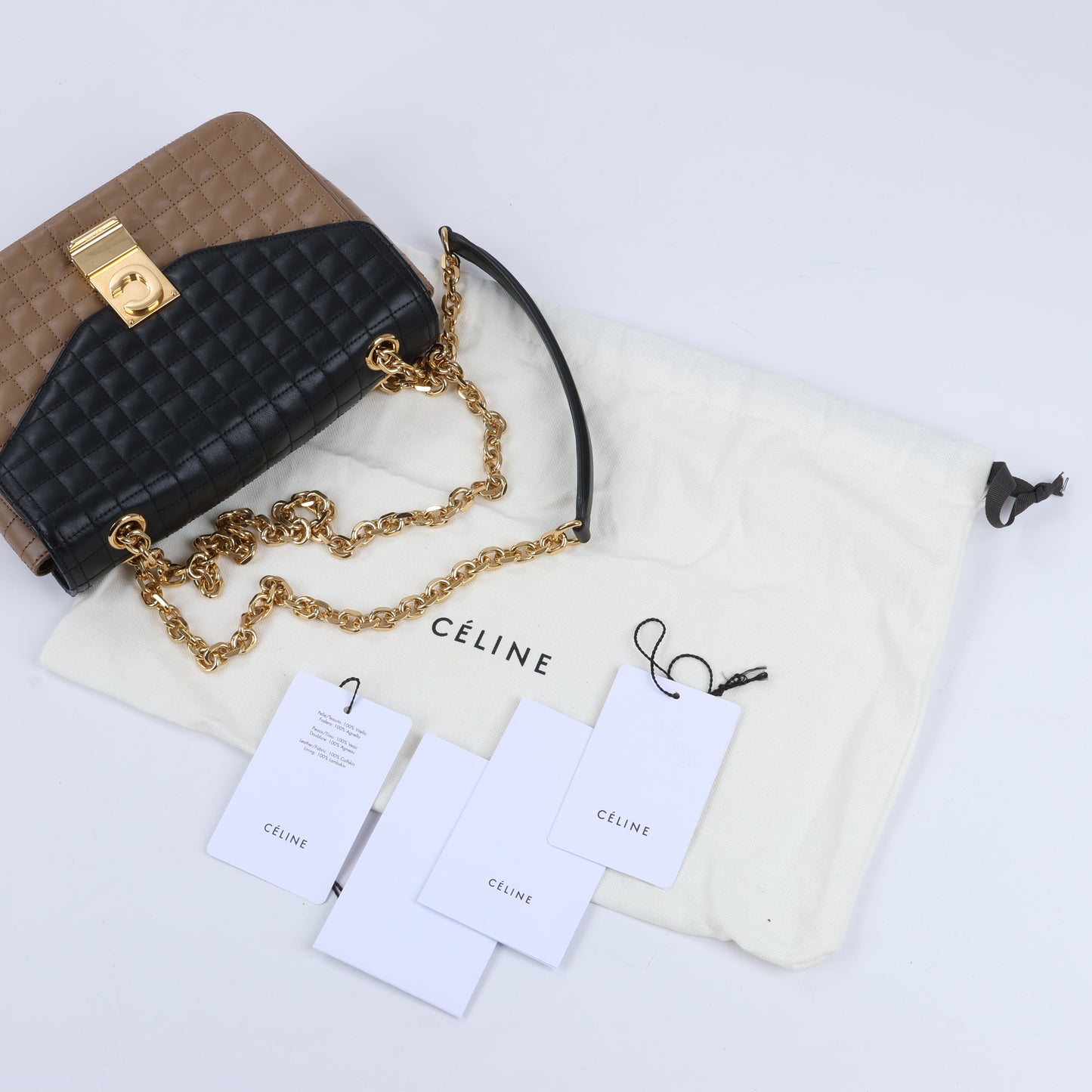 Celine C Sées Medium Leather Chain Shoulder Bag Black × Brown