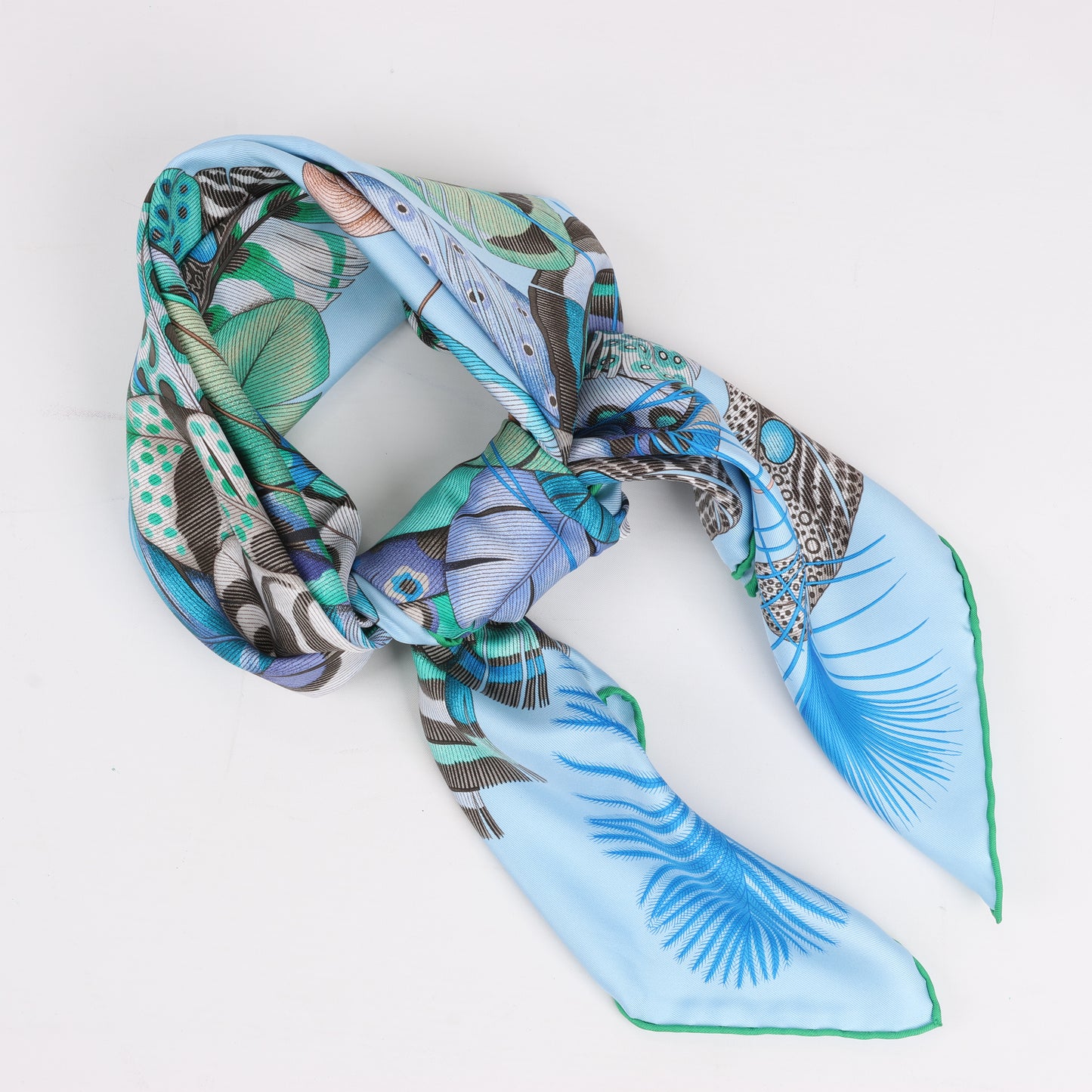 Hermès Carré 90 "PLUMES EN FETE" 100% Silk Scarf in Blue