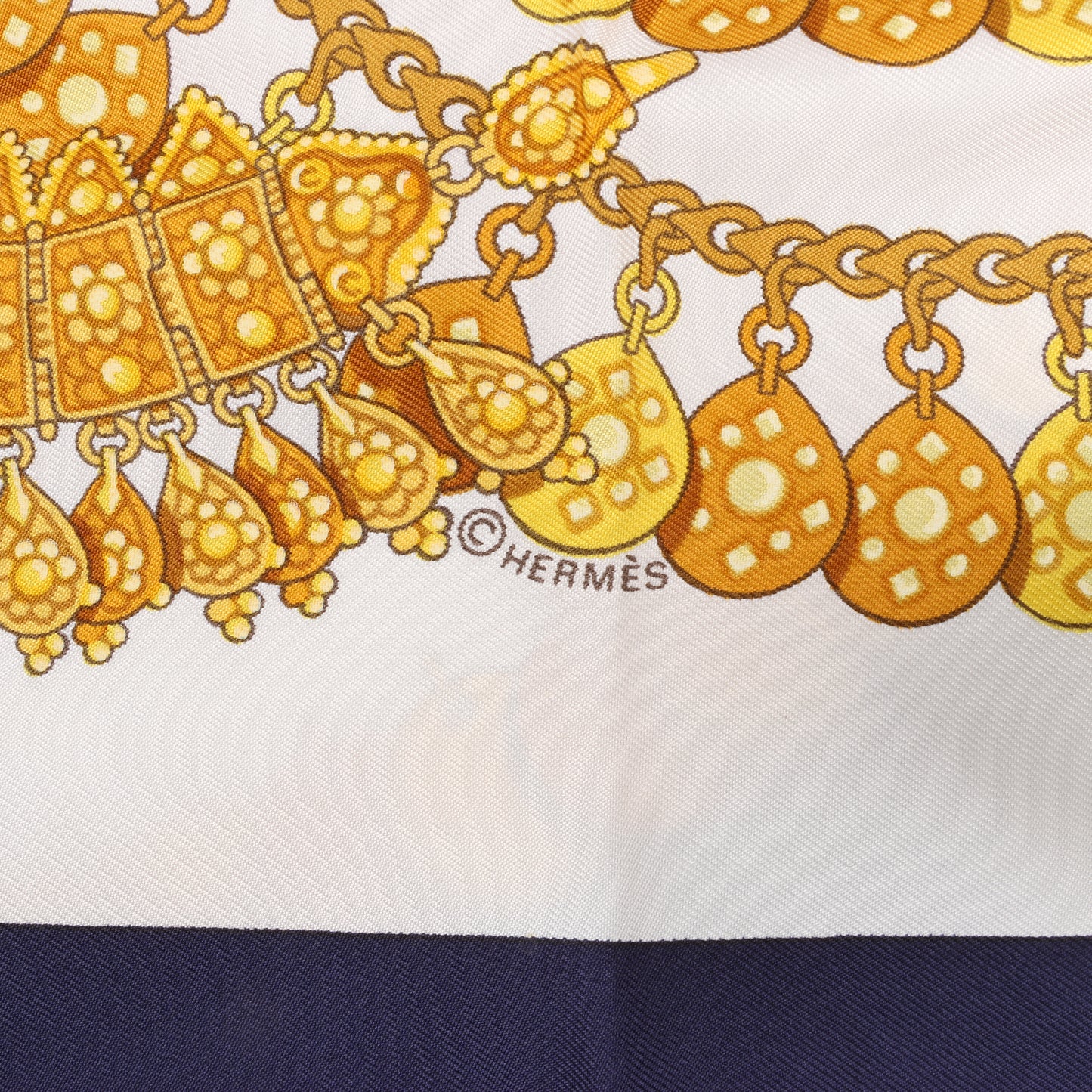Hermès Carré 90 "KOSMIMA " 100% Silk Scarf in Navy x Beige